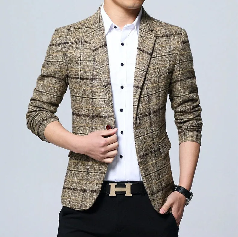 Men's Spring Casual Cotton Plaid Slim Blazer