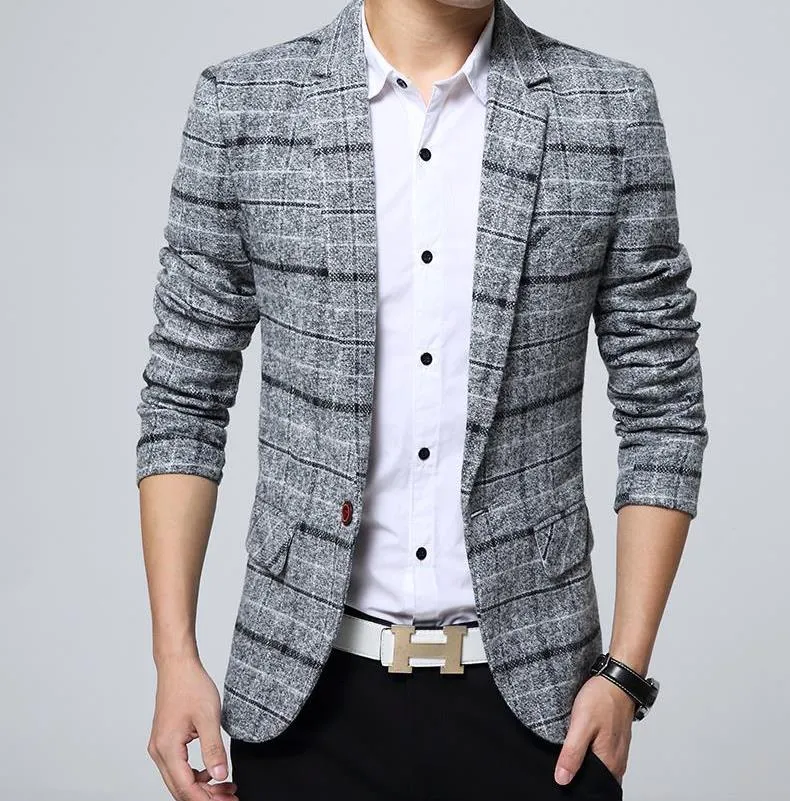 Men's Spring Casual Cotton Plaid Slim Blazer