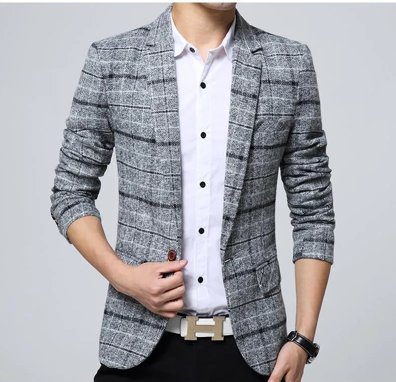 Men's Spring Casual Cotton Plaid Slim Blazer