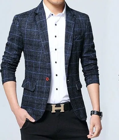 Men's Spring Casual Cotton Plaid Slim Blazer