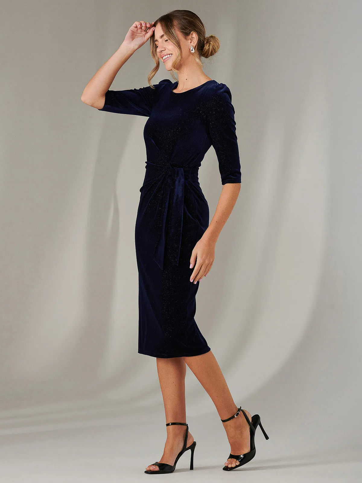 Metallic Spot Velvet Midi Dress, Navy