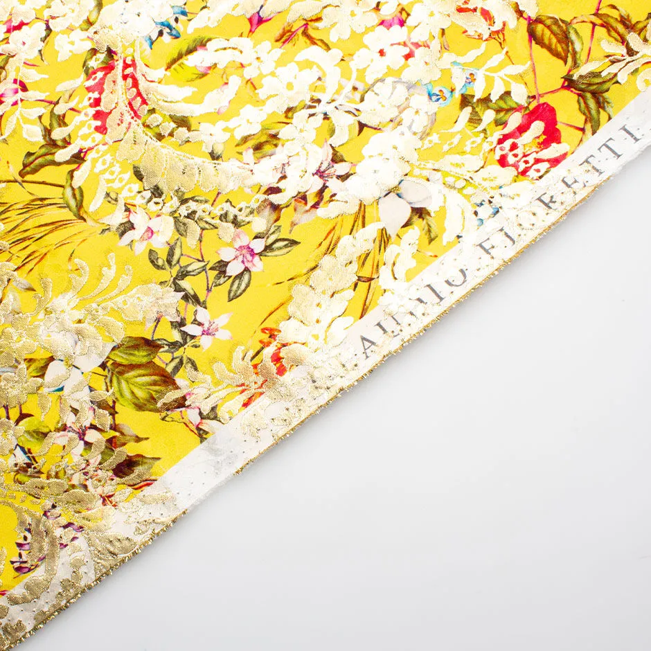 Multi Floral Printed Bright Yellow & Gold Silk Jacquard