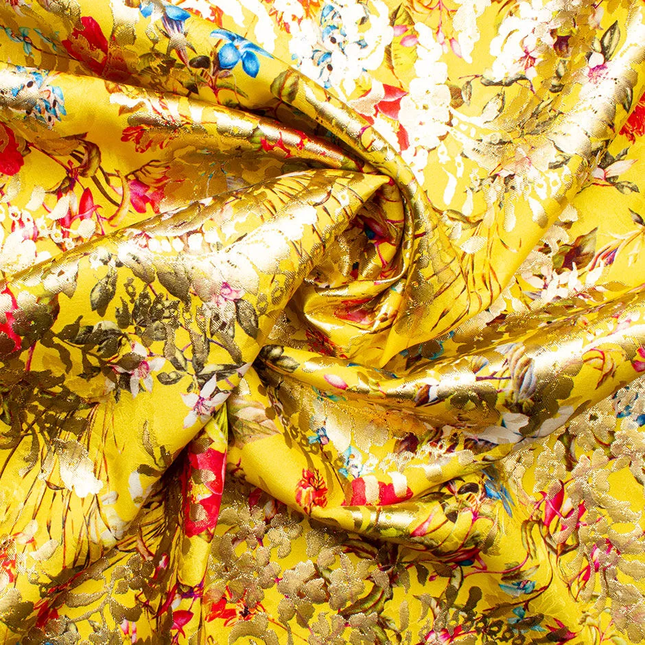 Multi Floral Printed Bright Yellow & Gold Silk Jacquard