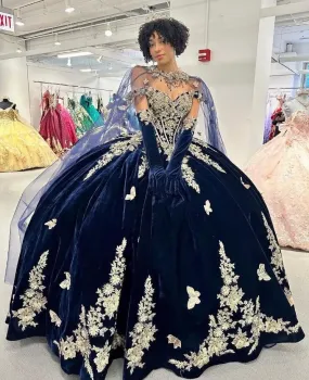 Navy Blue Ball Gown Quinceanera Dresses With Cape velvet Appliques Beads Sweet 16 Dress