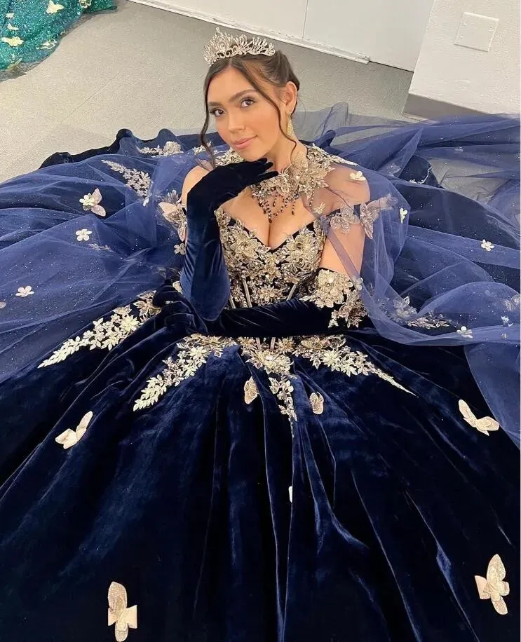 Navy Blue Ball Gown Quinceanera Dresses With Cape velvet Appliques Beads Sweet 16 Dress