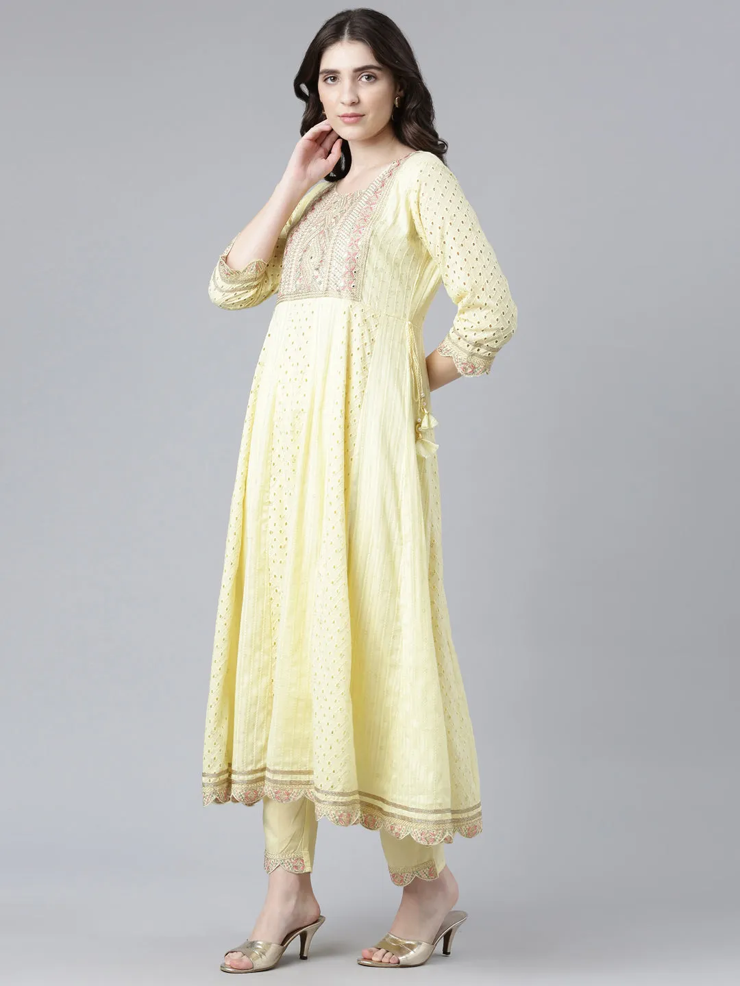 Neeru's Yellow Regular Flared Yoke Design Kurta And Trousers With Dupatta