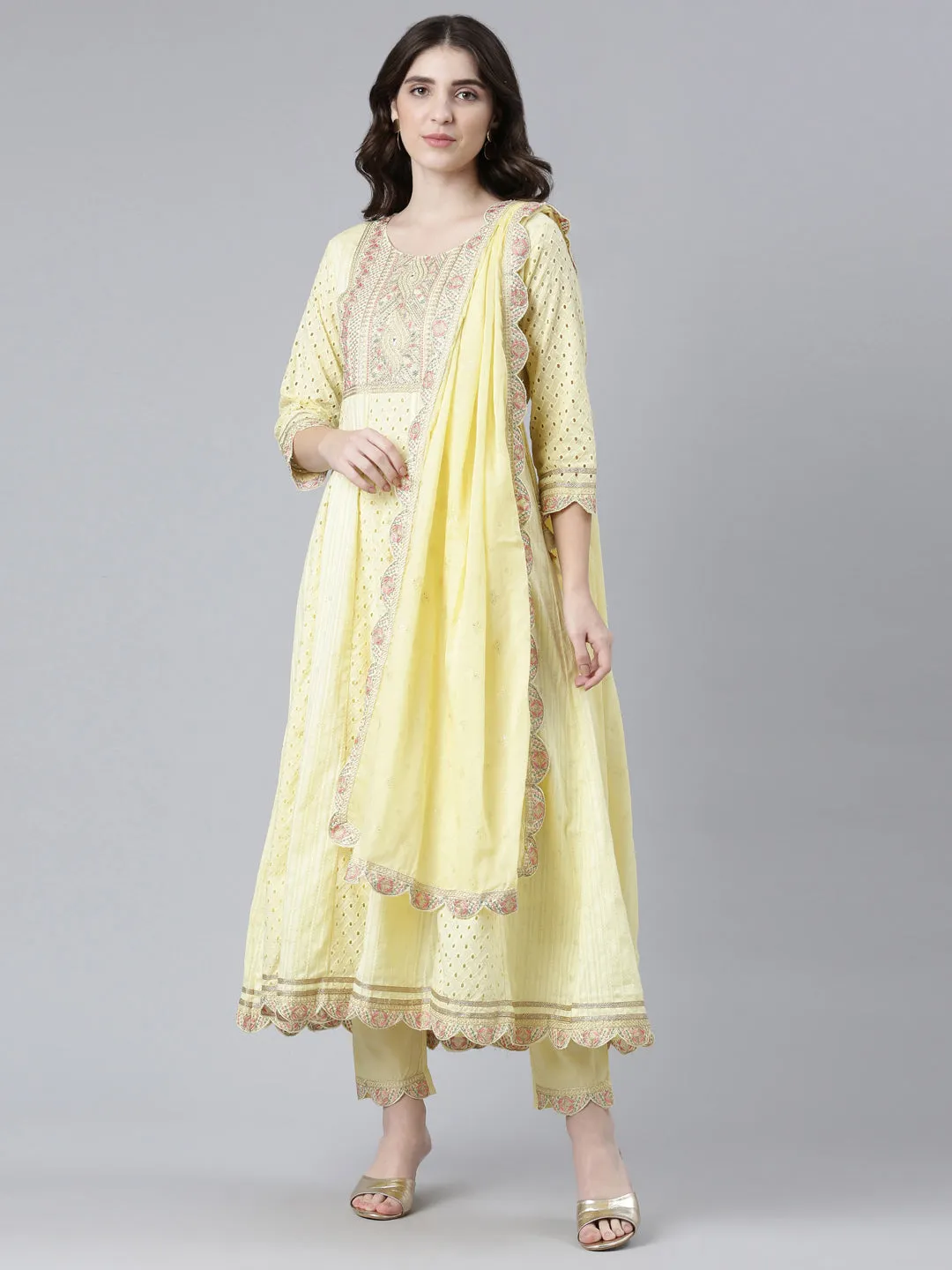 Neeru's Yellow Regular Flared Yoke Design Kurta And Trousers With Dupatta