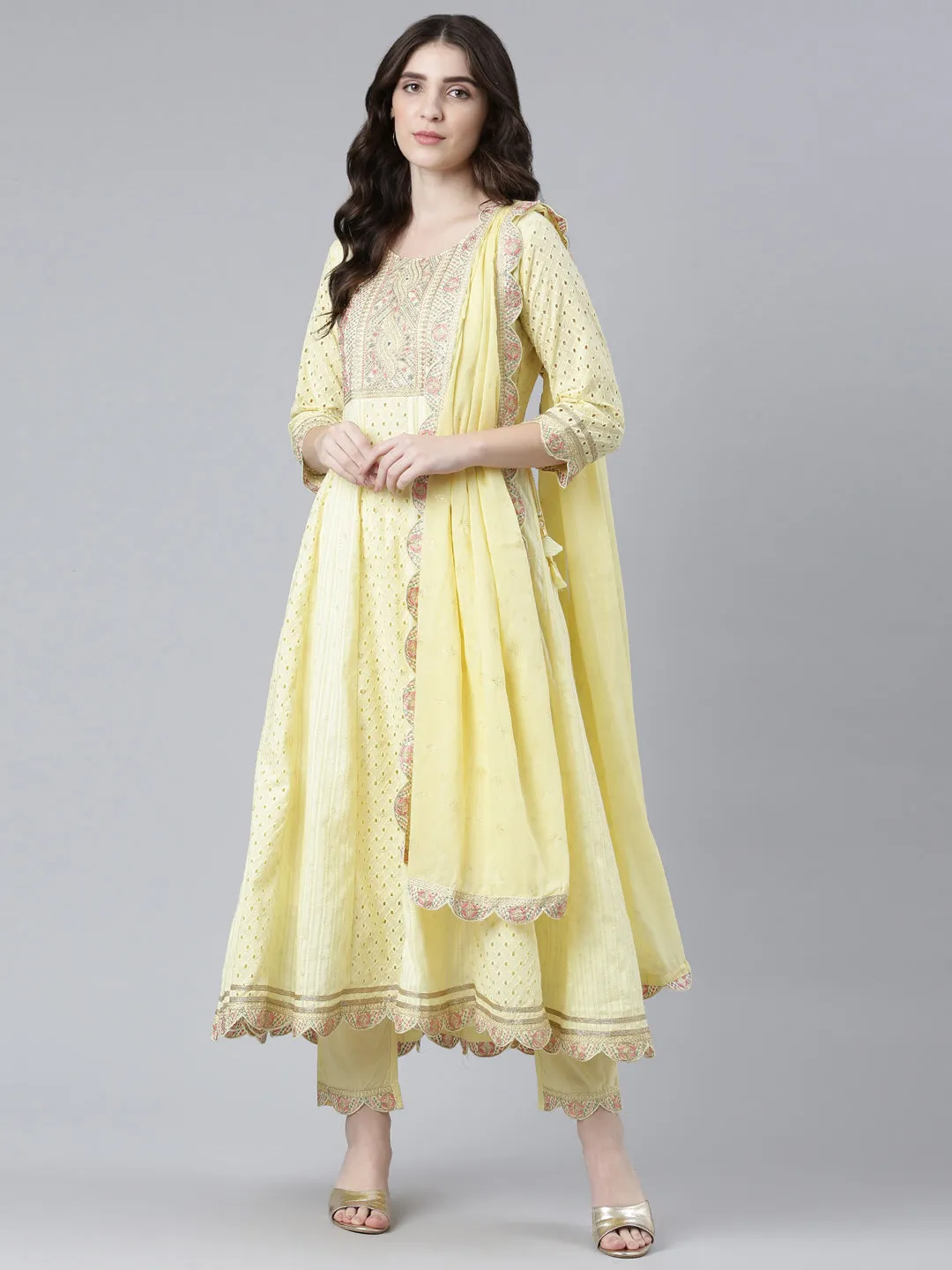 Neeru's Yellow Regular Flared Yoke Design Kurta And Trousers With Dupatta