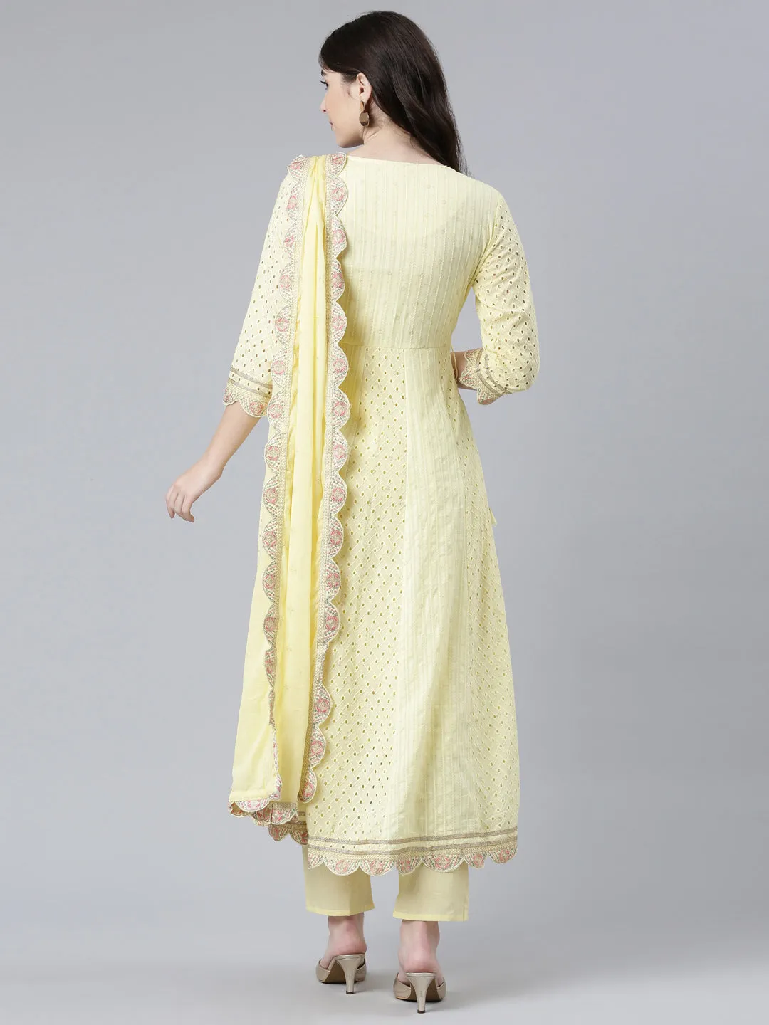 Neeru's Yellow Regular Flared Yoke Design Kurta And Trousers With Dupatta