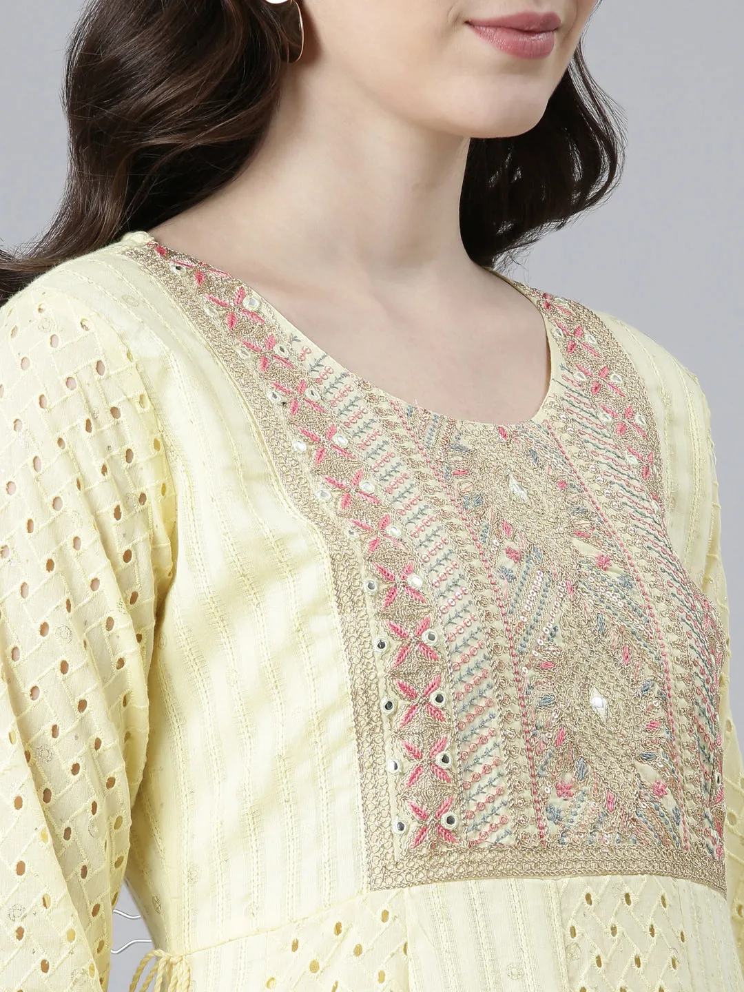 Neeru's Yellow Regular Flared Yoke Design Kurta And Trousers With Dupatta