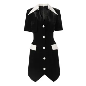 OL Pointed Collar Strong Shoulder Button Down Tuxedo Hem Mini Party Dress