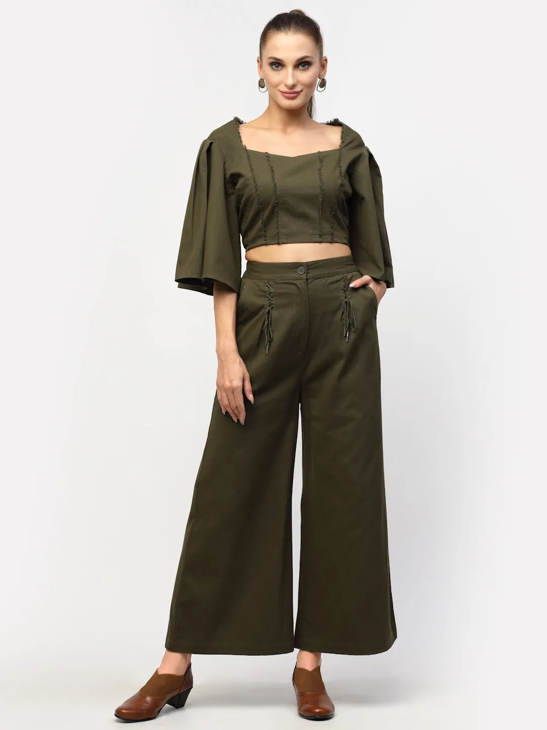 Olive Green Fray Style Cotton Co-Ord Set