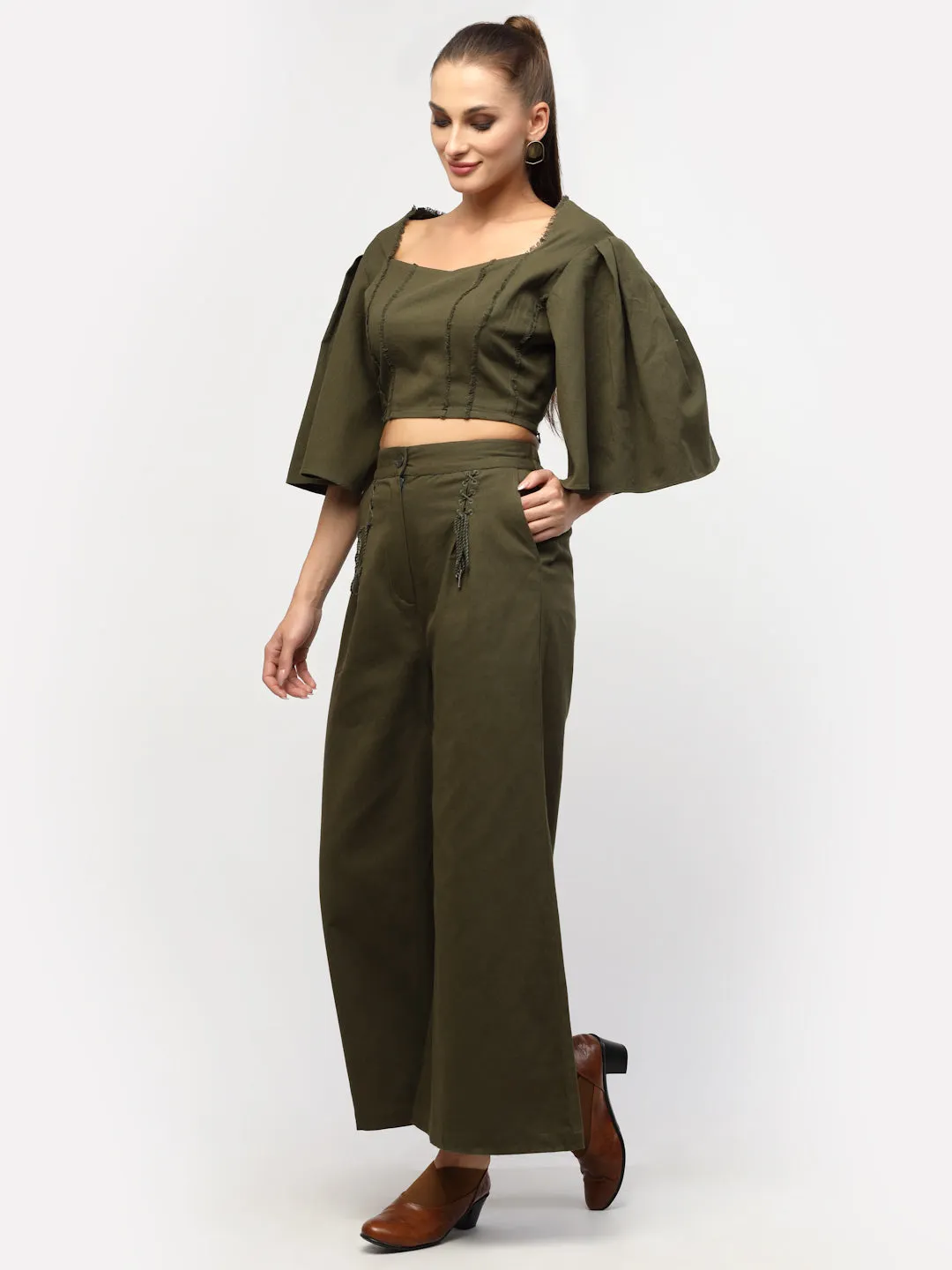 Olive Green Fray Style Cotton Co-Ord Set