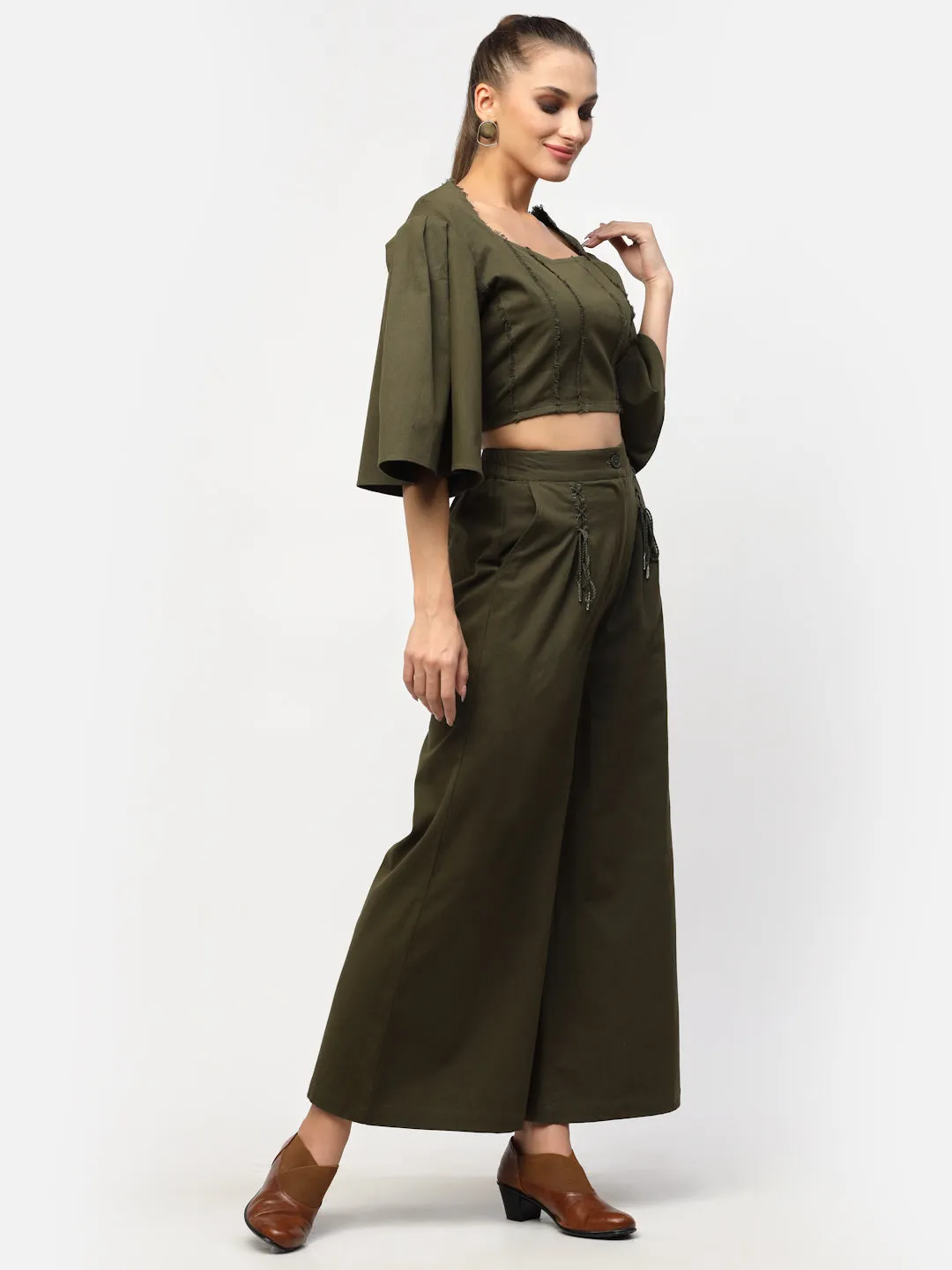 Olive Green Fray Style Cotton Co-Ord Set