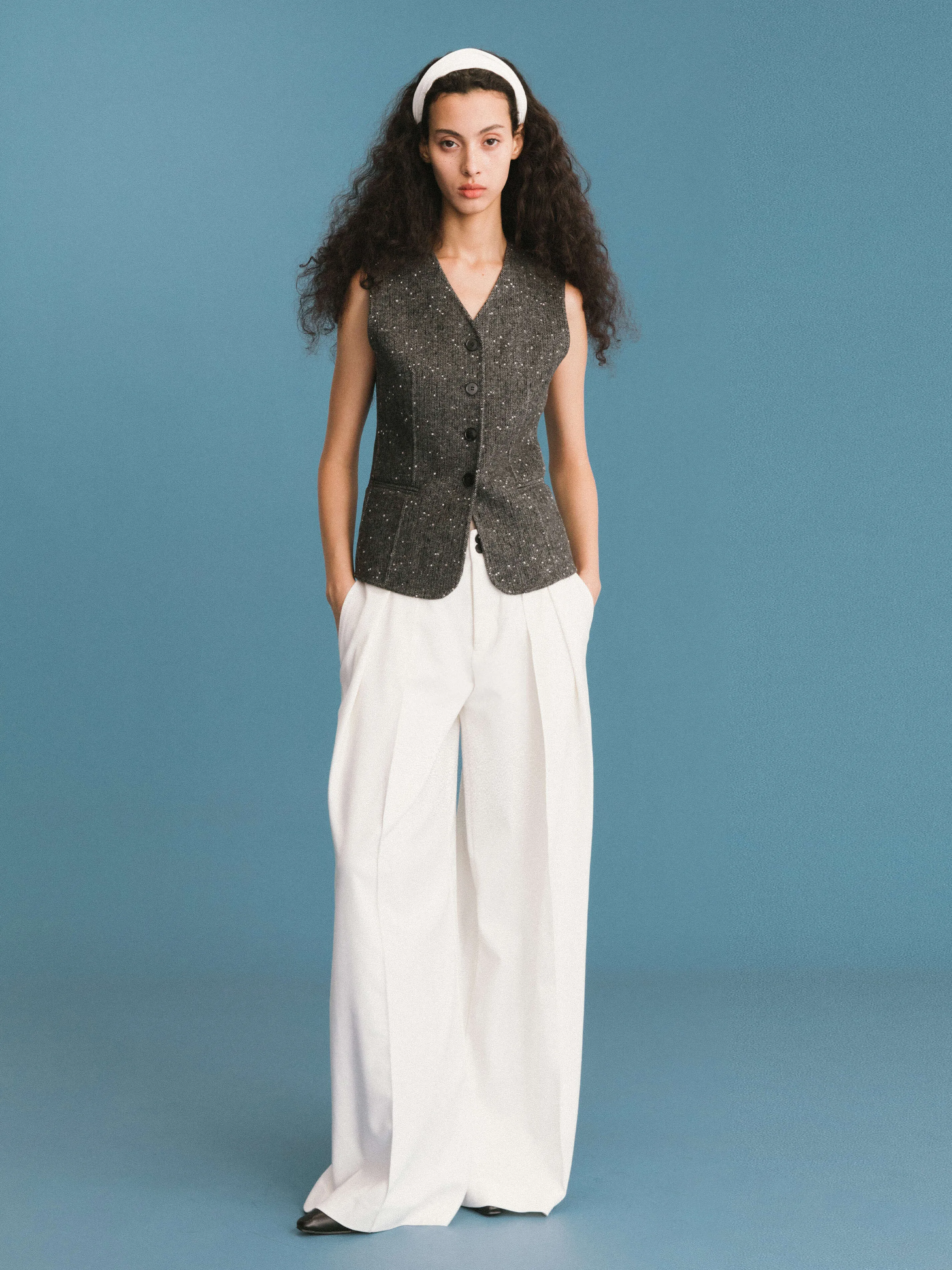 ONE BY CUBIC Pleated Wide Leg Wool Blend Trousers