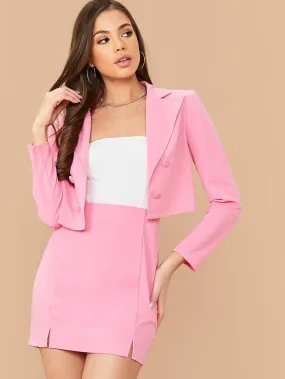 Pink Double Breasted Crop Blazer and M-split Skirt Set