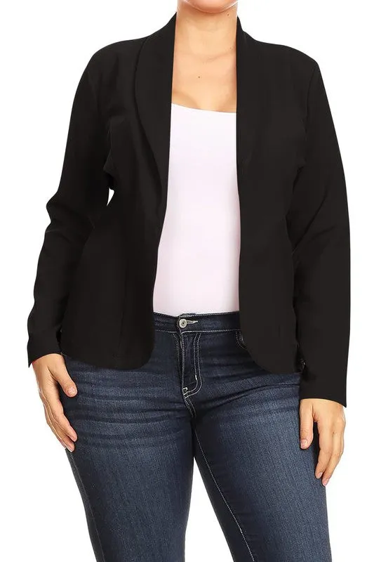 Plus Size Open front Long sleeves Waist length blazer jacket