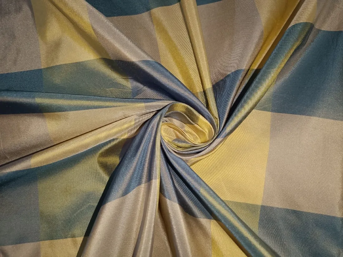 PURE SILK TAFFETA FABRIC Light Gold, Shades of Steel Blue COLOR plaids 54" wide TAF#C15[2]