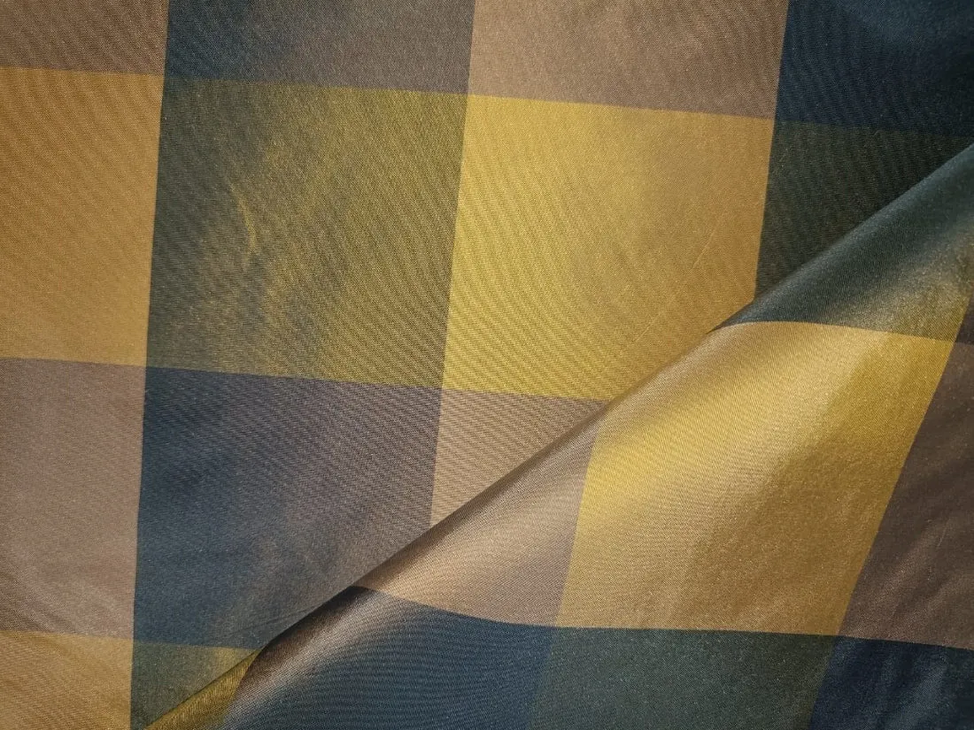 PURE SILK TAFFETA FABRIC Light Gold, Shades of Steel Blue COLOR plaids 54" wide TAF#C15[2]