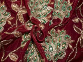 Red Zari And Thread Embroidered Velvet Fabric