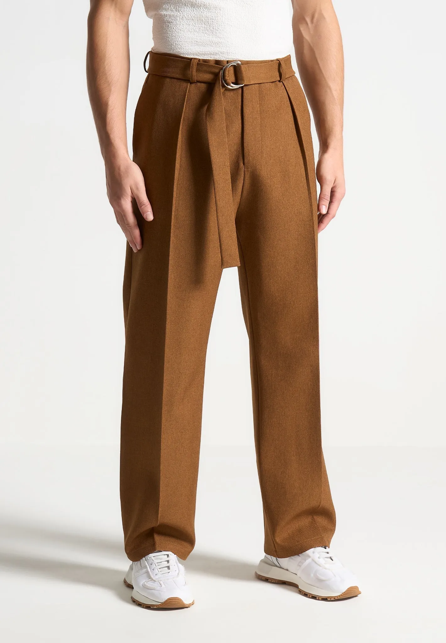 Relaxed Fit Textured Belted Tailored Trousers - Fawn