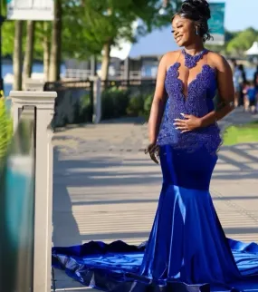 Sexy Royal Blue Velvet Mermaid Prom Dresses For Black Girls Crystal Evening Birthday Party