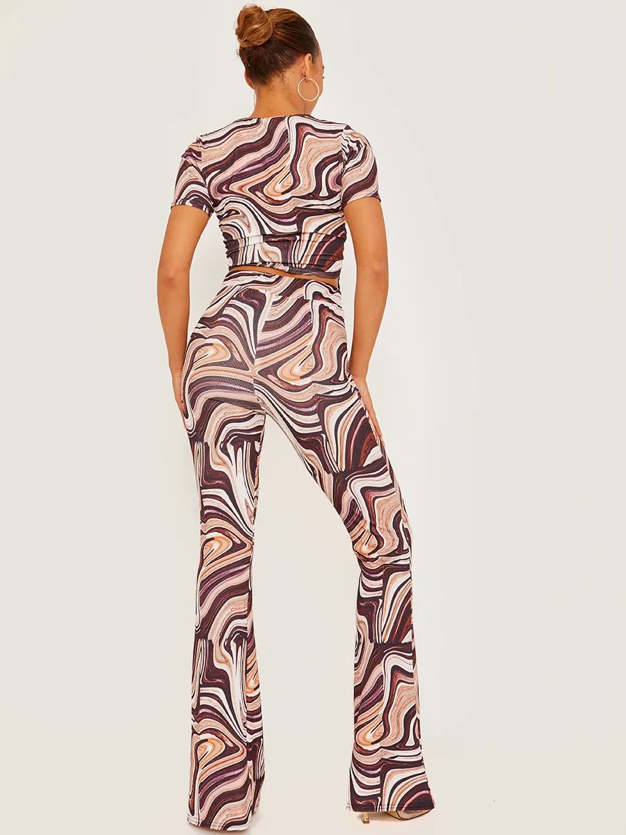 Shayla Marble Print Ribbed Flared Trousers In Stone