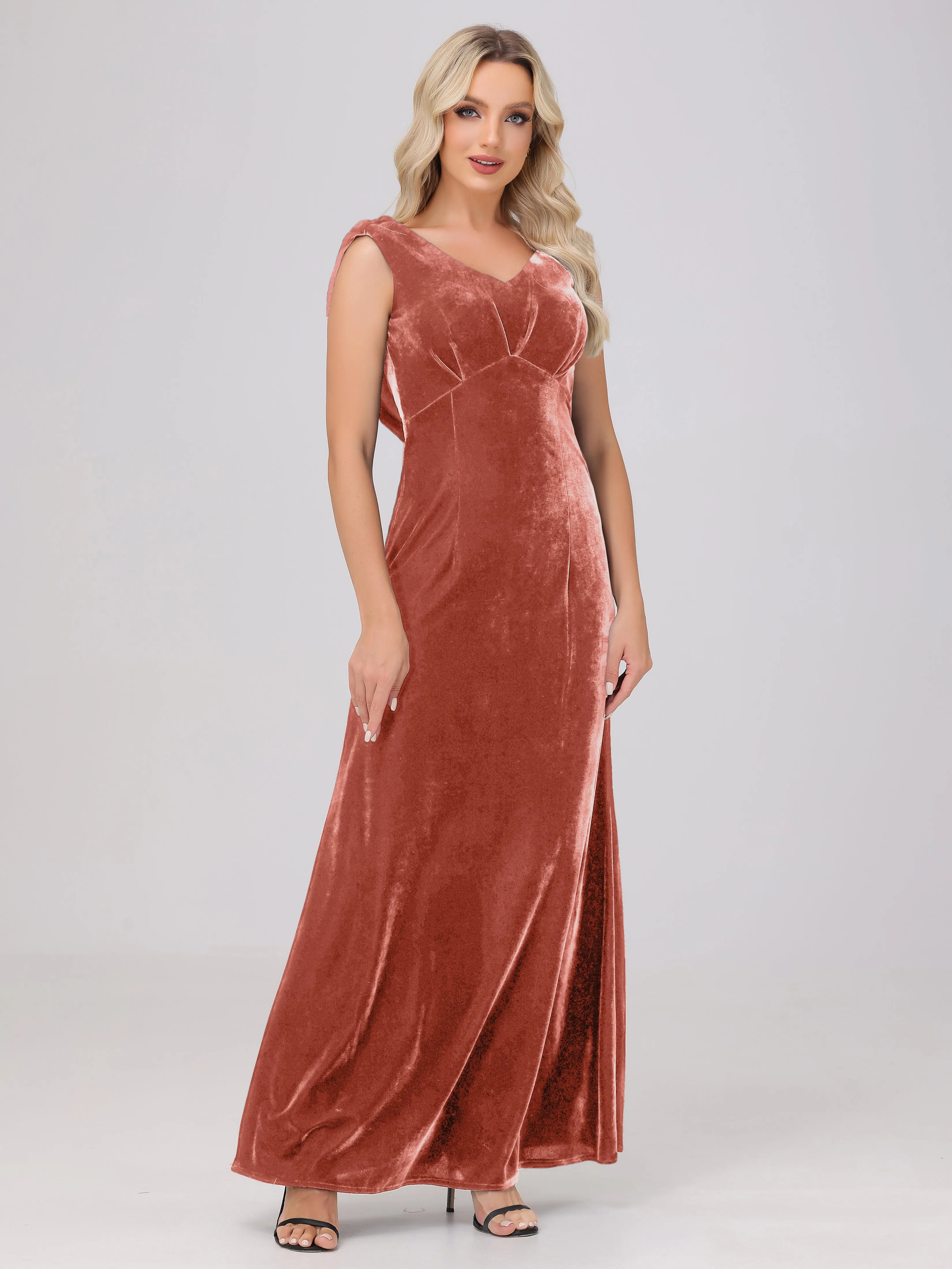 Sheath/Column Straps Pleats Long Velvet Bridesmaid Dresses