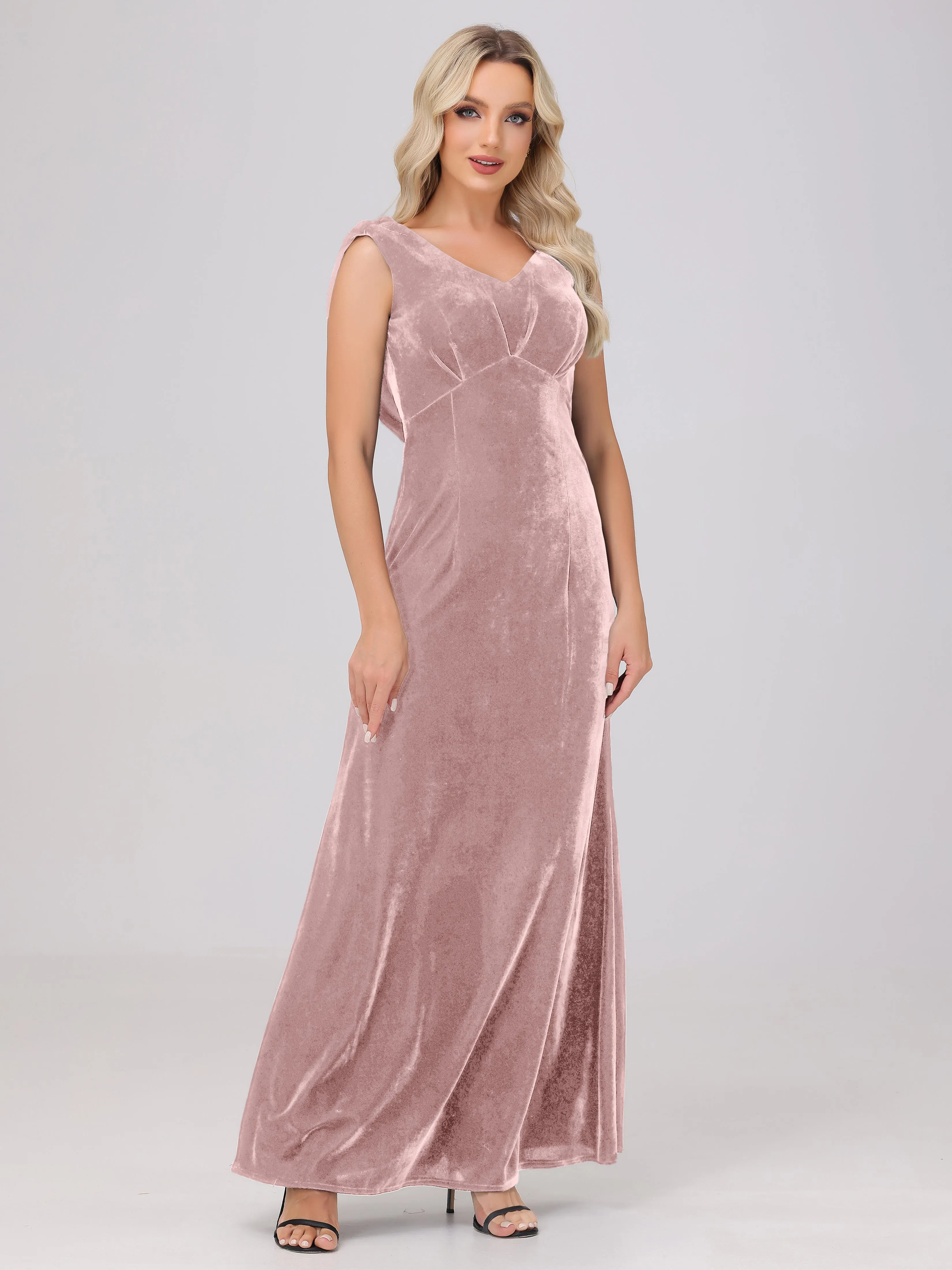 Sheath/Column Straps Pleats Long Velvet Bridesmaid Dresses