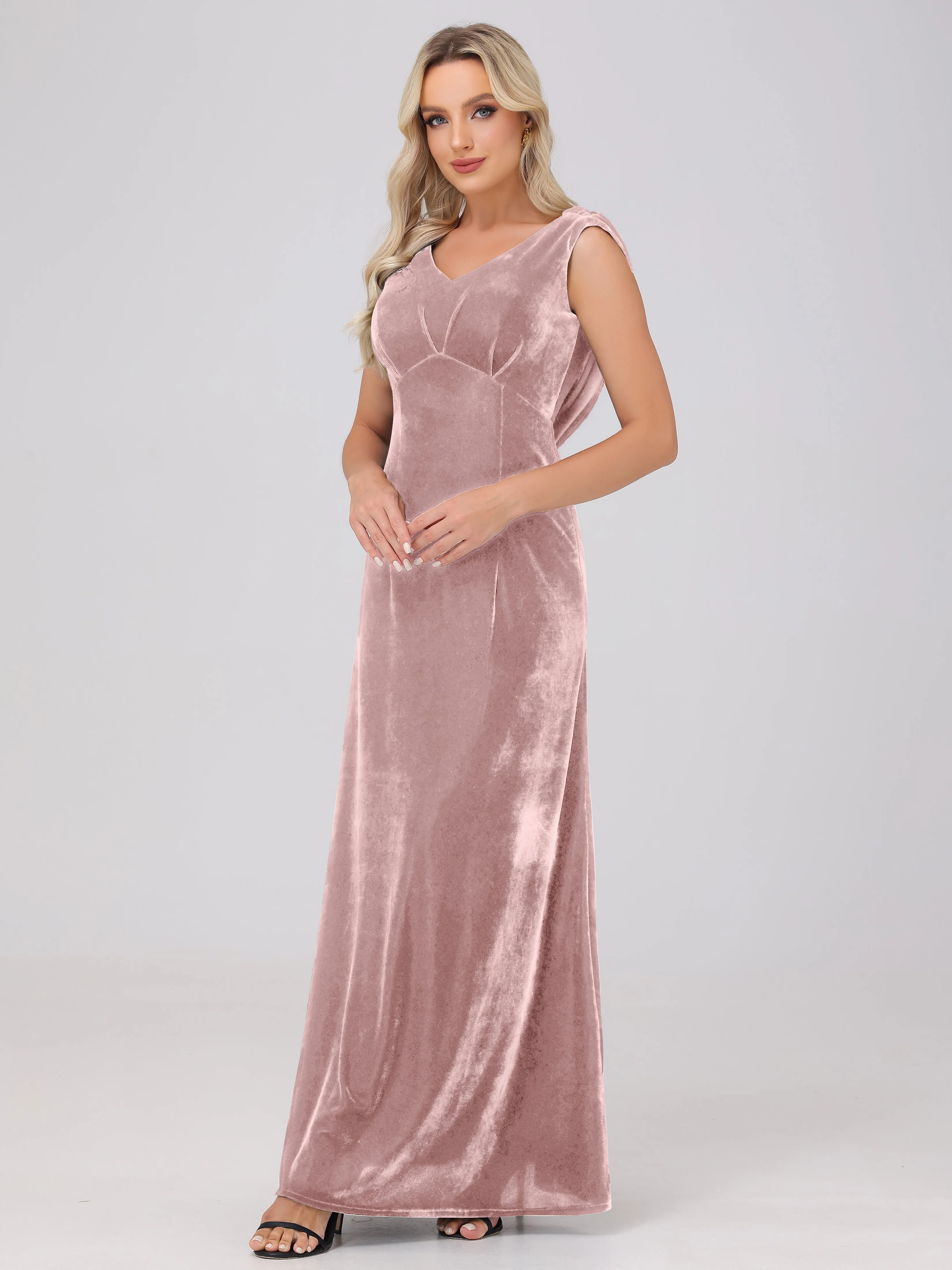 Sheath/Column Straps Pleats Long Velvet Bridesmaid Dresses