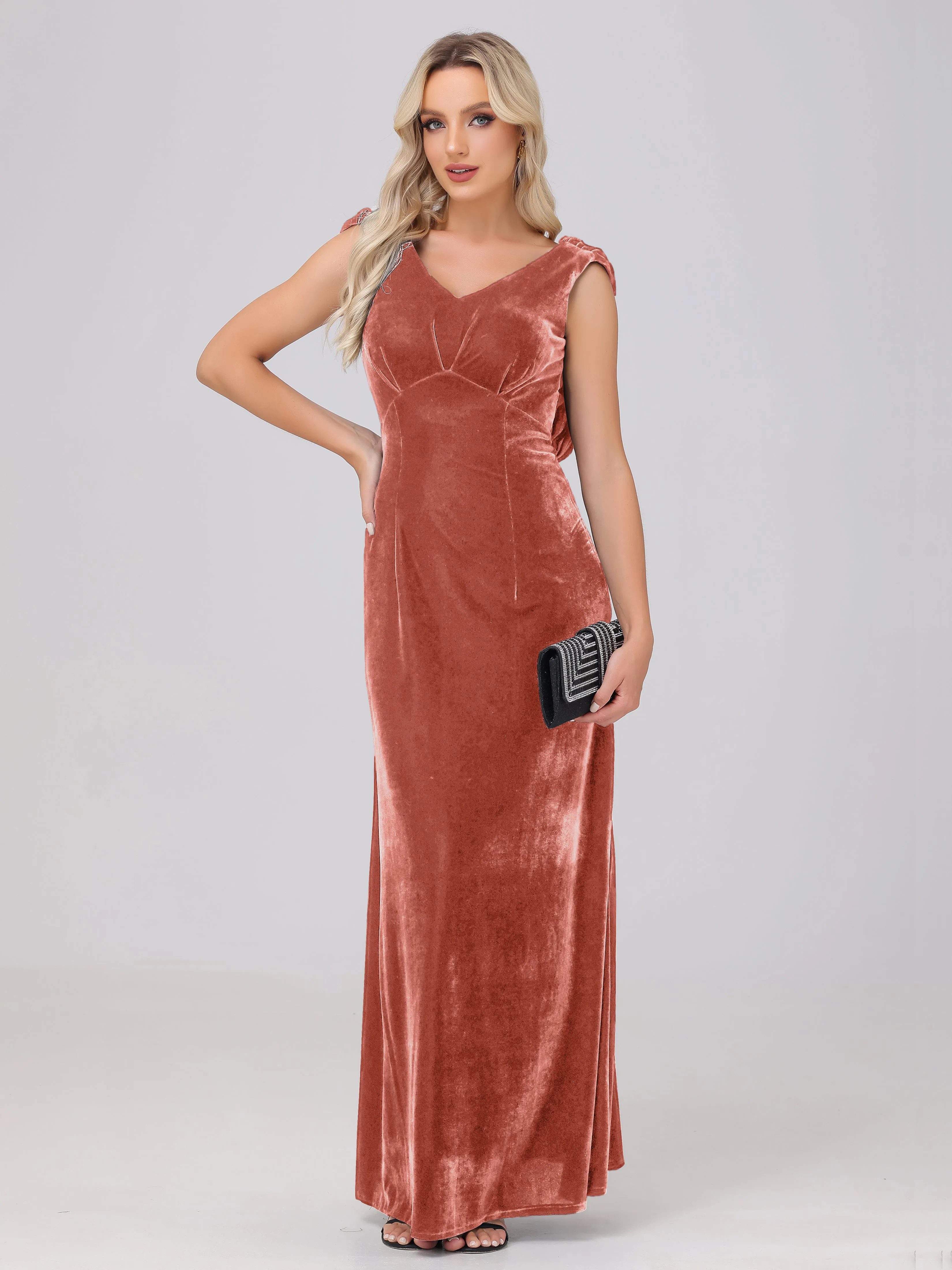 Sheath/Column Straps Pleats Long Velvet Bridesmaid Dresses