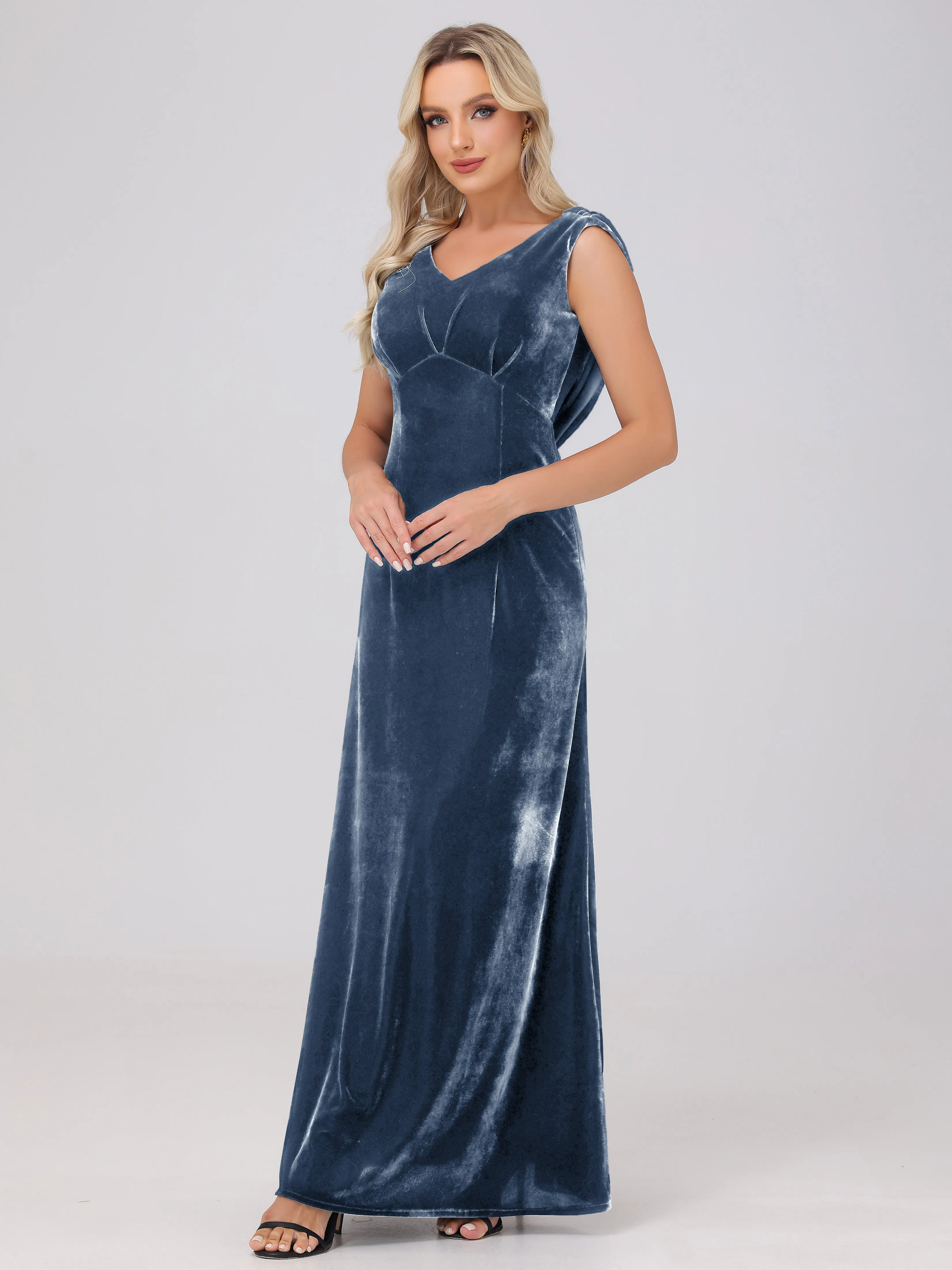 Sheath/Column Straps Pleats Long Velvet Bridesmaid Dresses