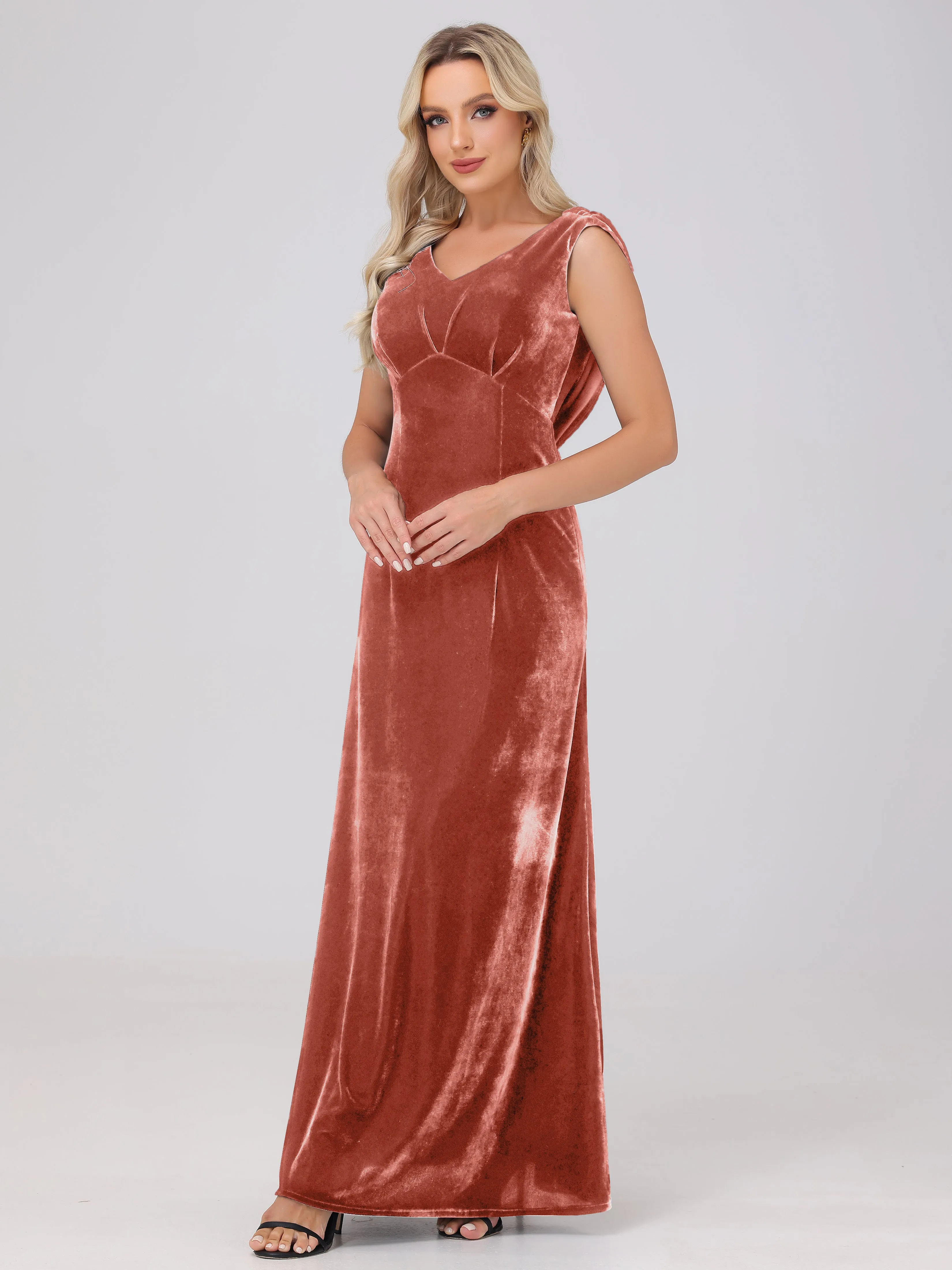 Sheath/Column Straps Pleats Long Velvet Bridesmaid Dresses