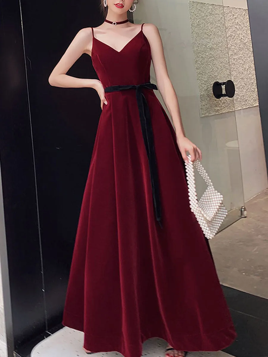 Simple Burgundy Velvet Long Prom Dresses, Burgundy Long Formal Graduation Dresses