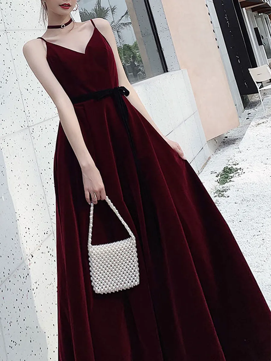 Simple Burgundy Velvet Long Prom Dresses, Burgundy Long Formal Graduation Dresses