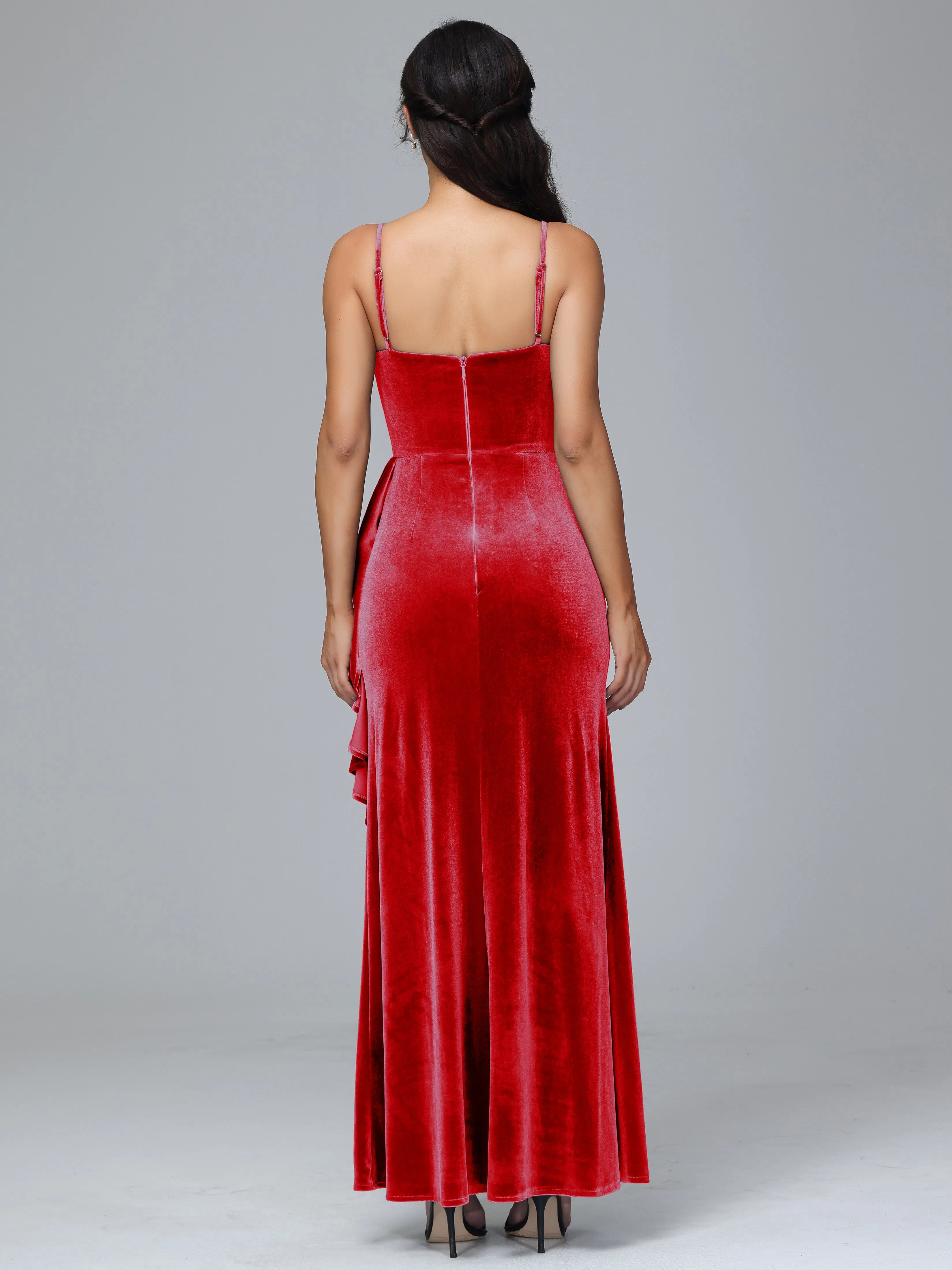 Spaghetti Straps V-Neck Ruched Velvet Bridesmaid Dresses With Split