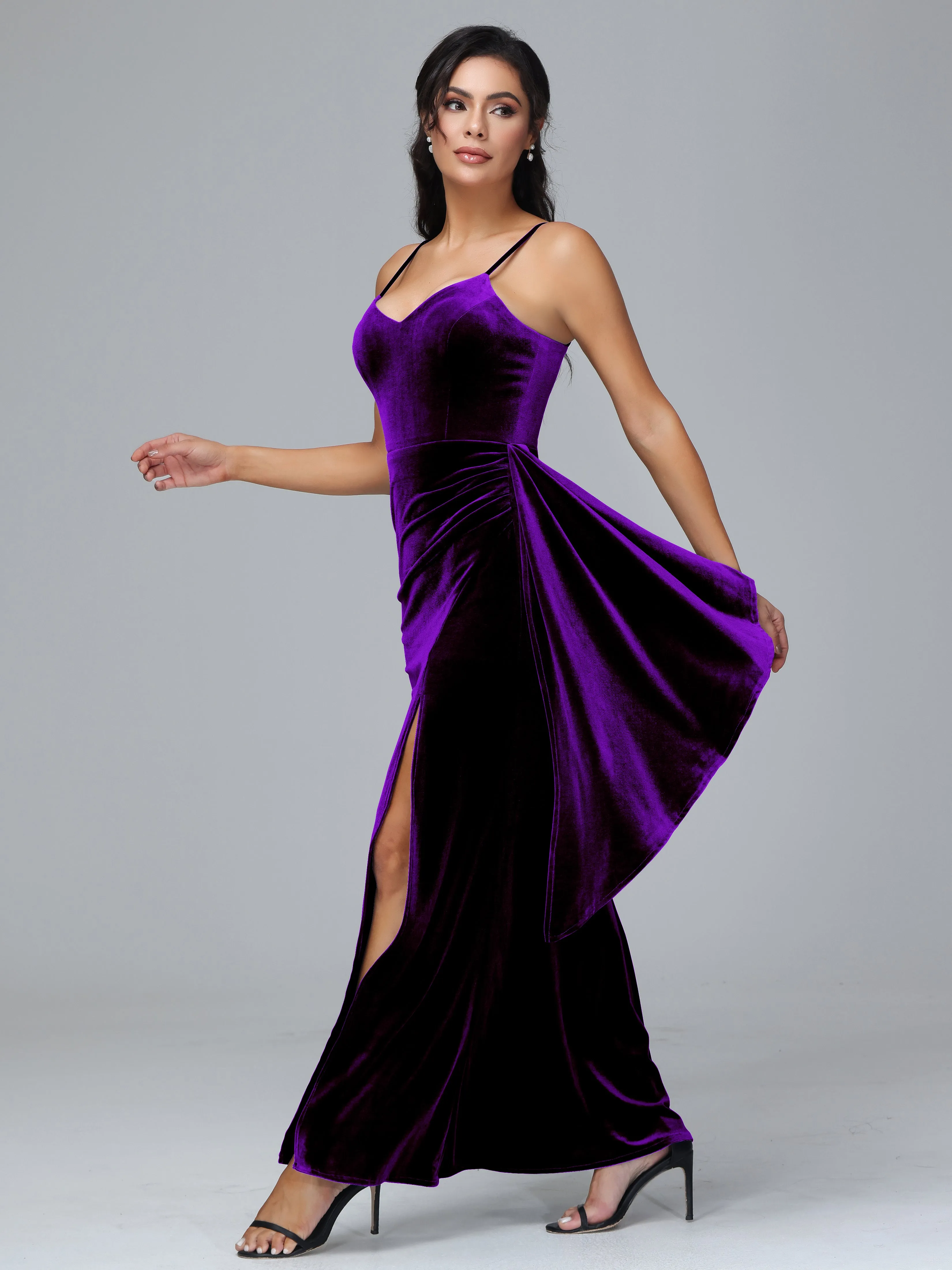 Spaghetti Straps V-Neck Ruched Velvet Bridesmaid Dresses With Split