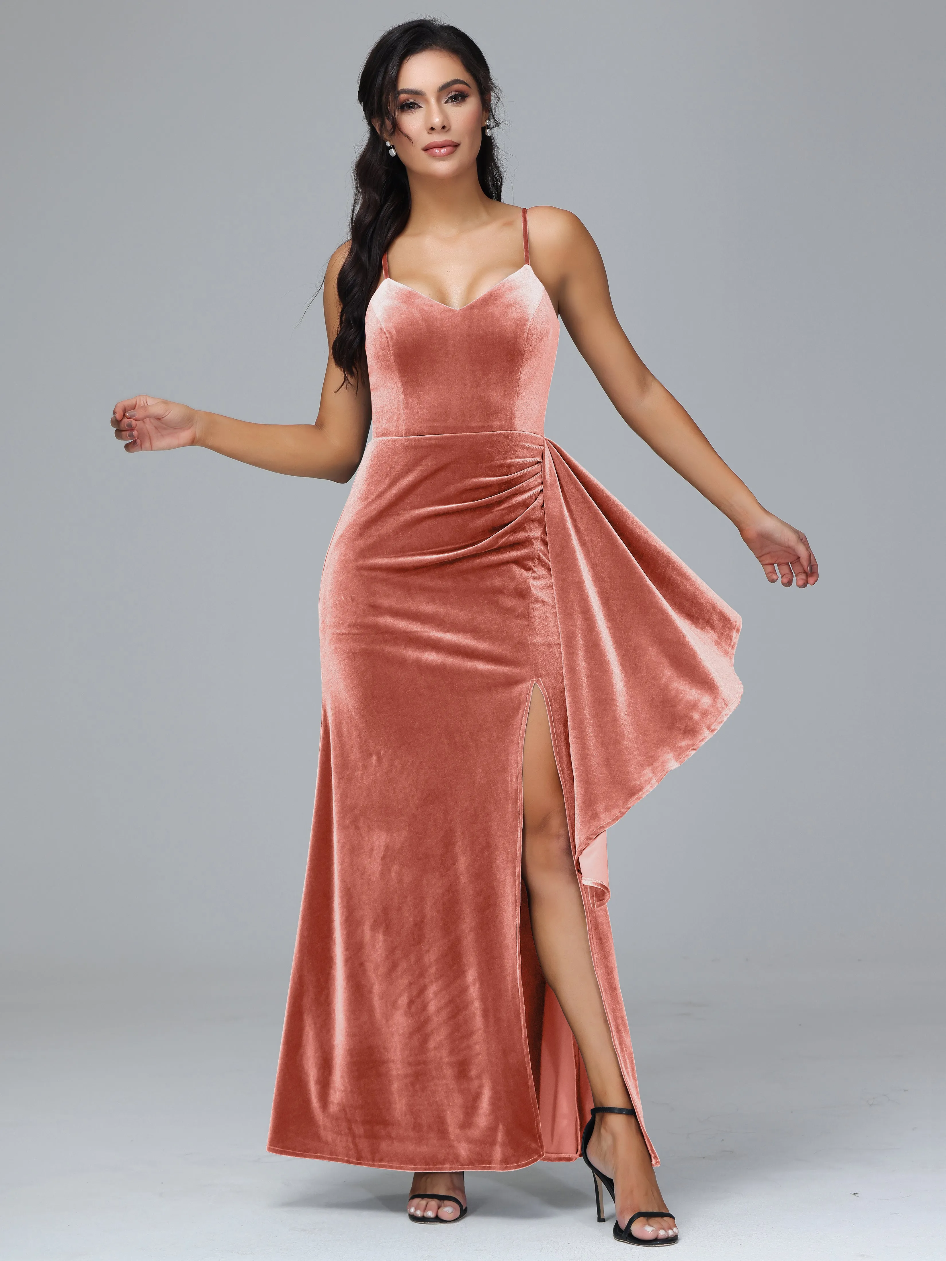 Spaghetti Straps V-Neck Ruched Velvet Bridesmaid Dresses With Split