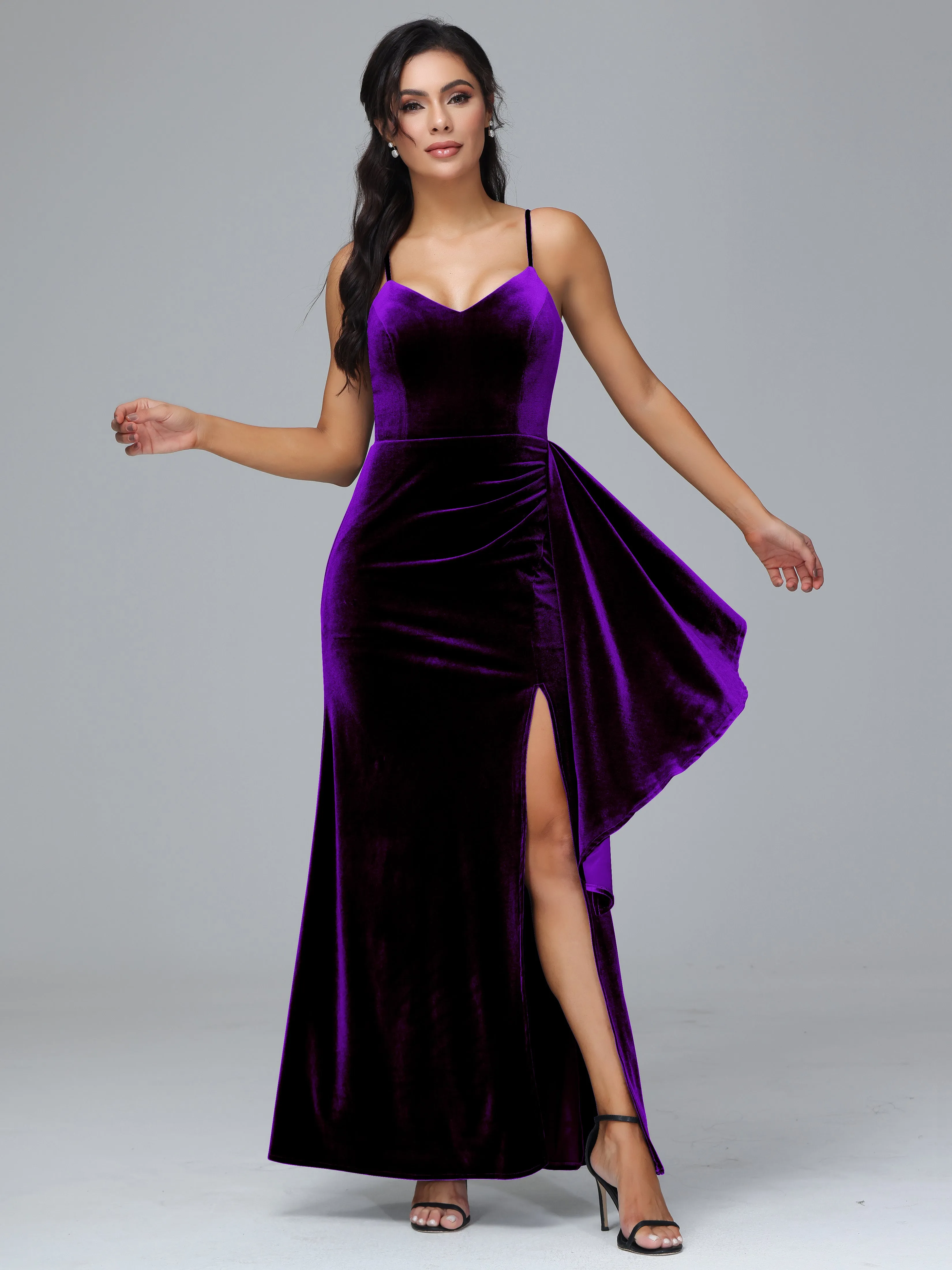 Spaghetti Straps V-Neck Ruched Velvet Bridesmaid Dresses With Split