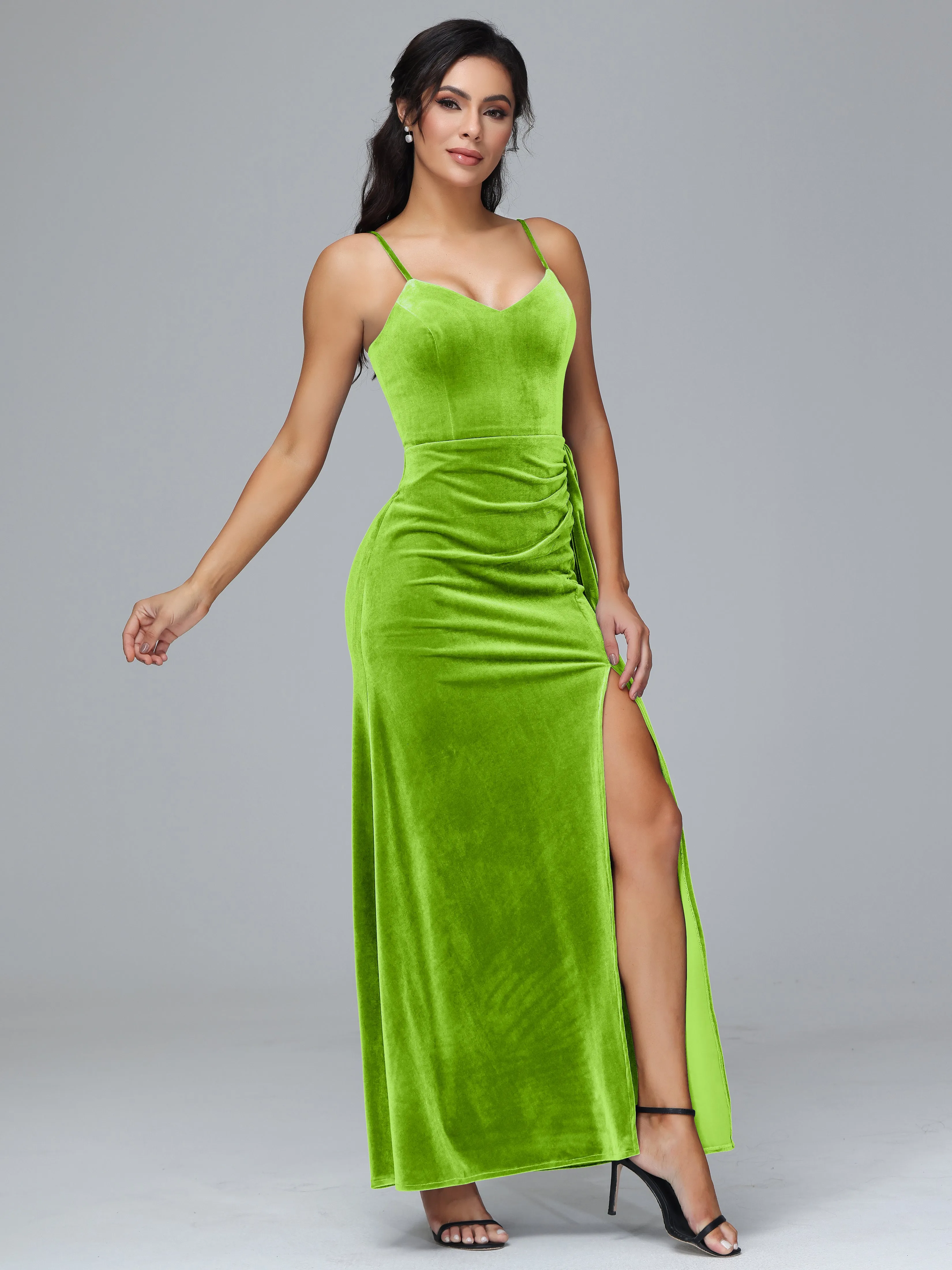 Spaghetti Straps V-Neck Ruched Velvet Bridesmaid Dresses With Split