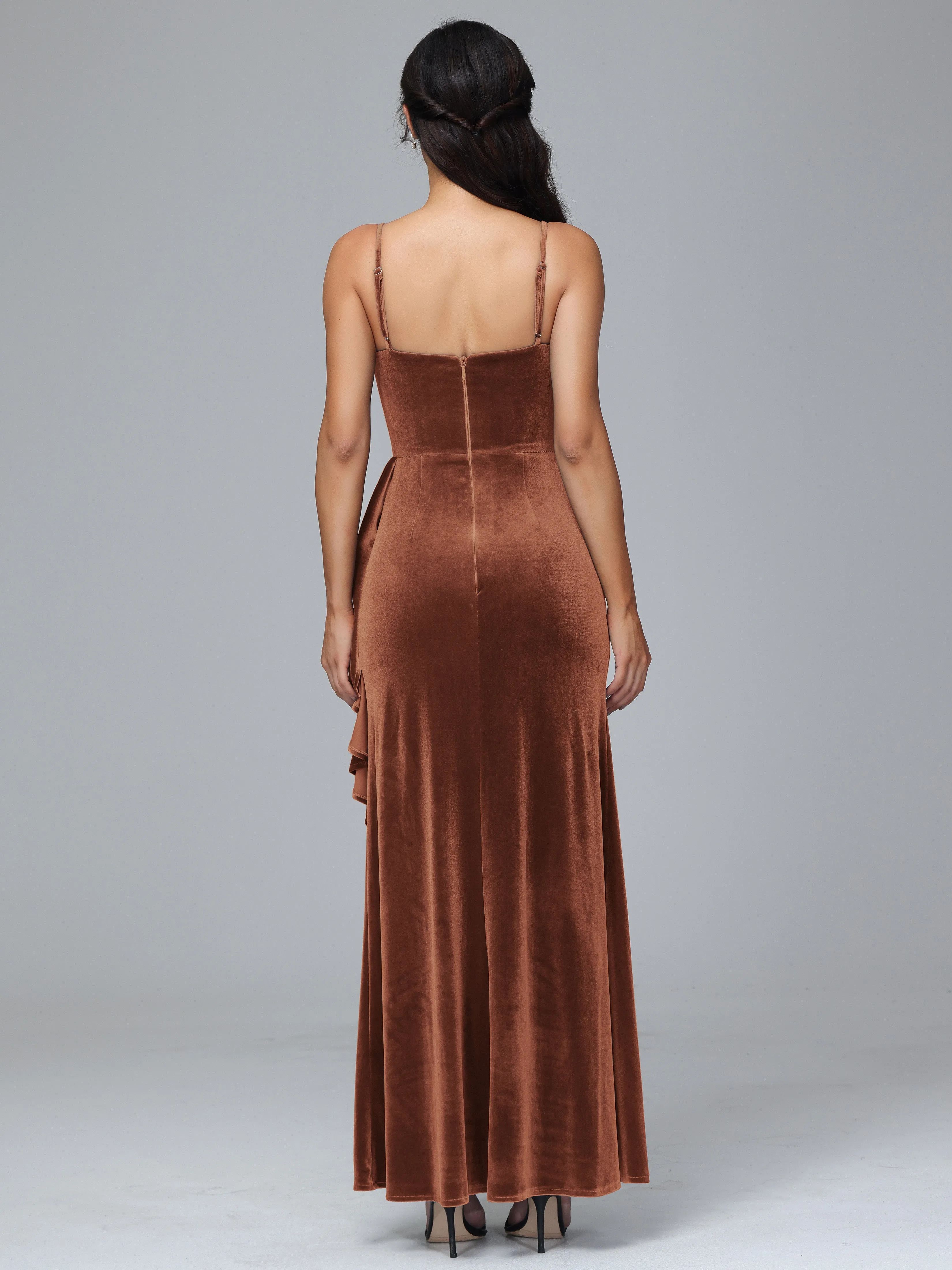 Spaghetti Straps V-Neck Ruched Velvet Bridesmaid Dresses With Split