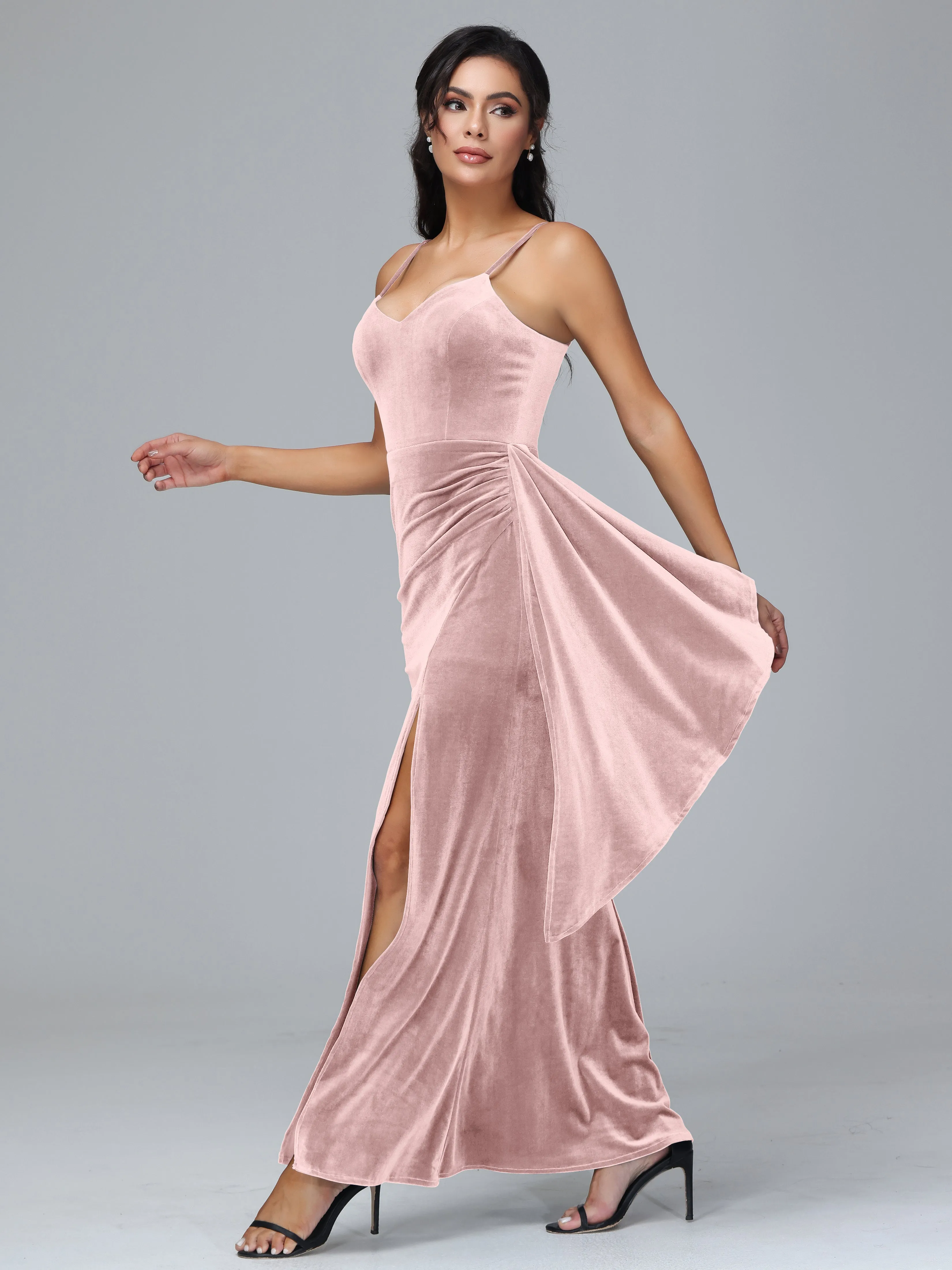 Spaghetti Straps V-Neck Ruched Velvet Bridesmaid Dresses With Split