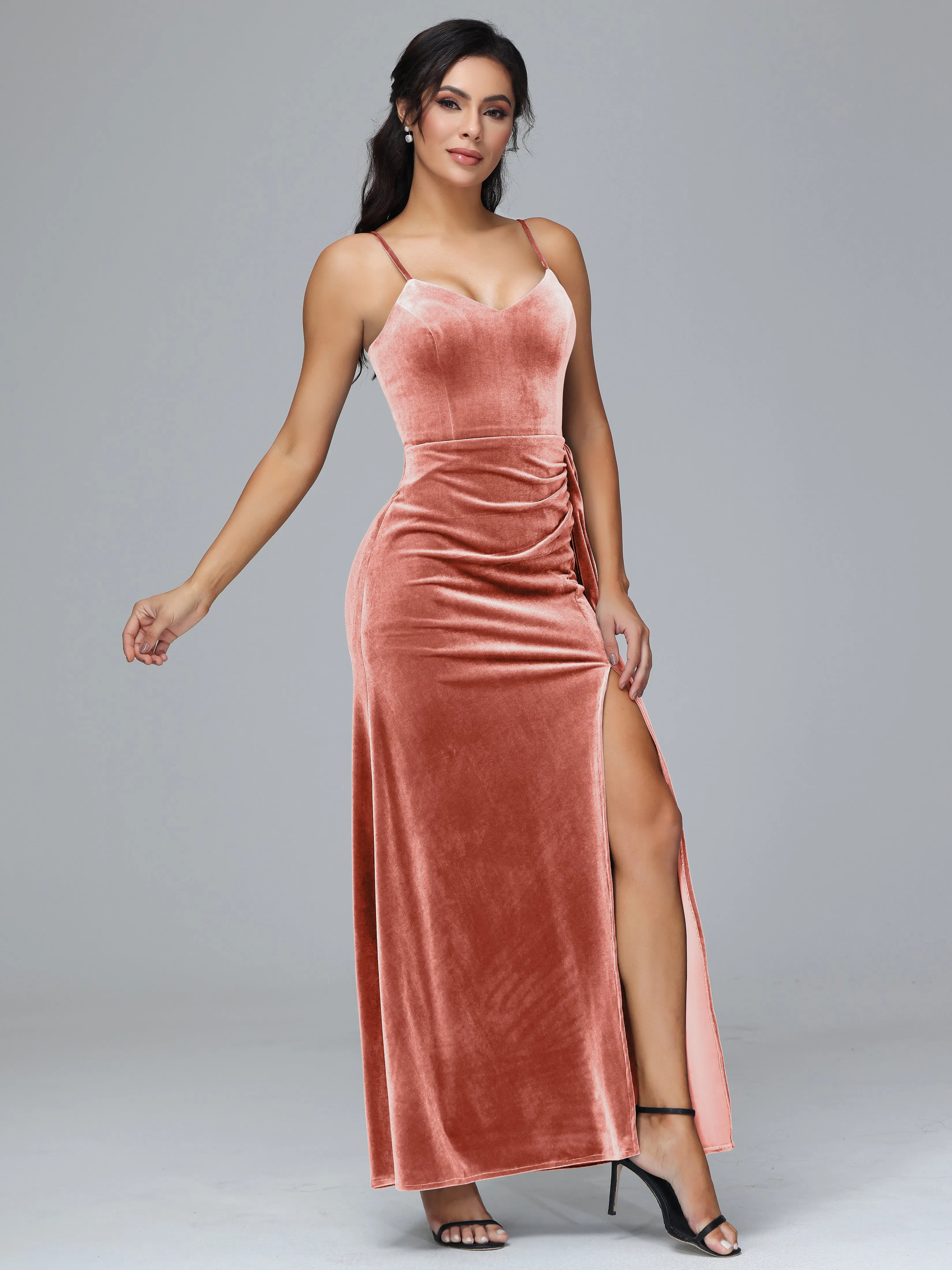 Spaghetti Straps V-Neck Ruched Velvet Bridesmaid Dresses With Split