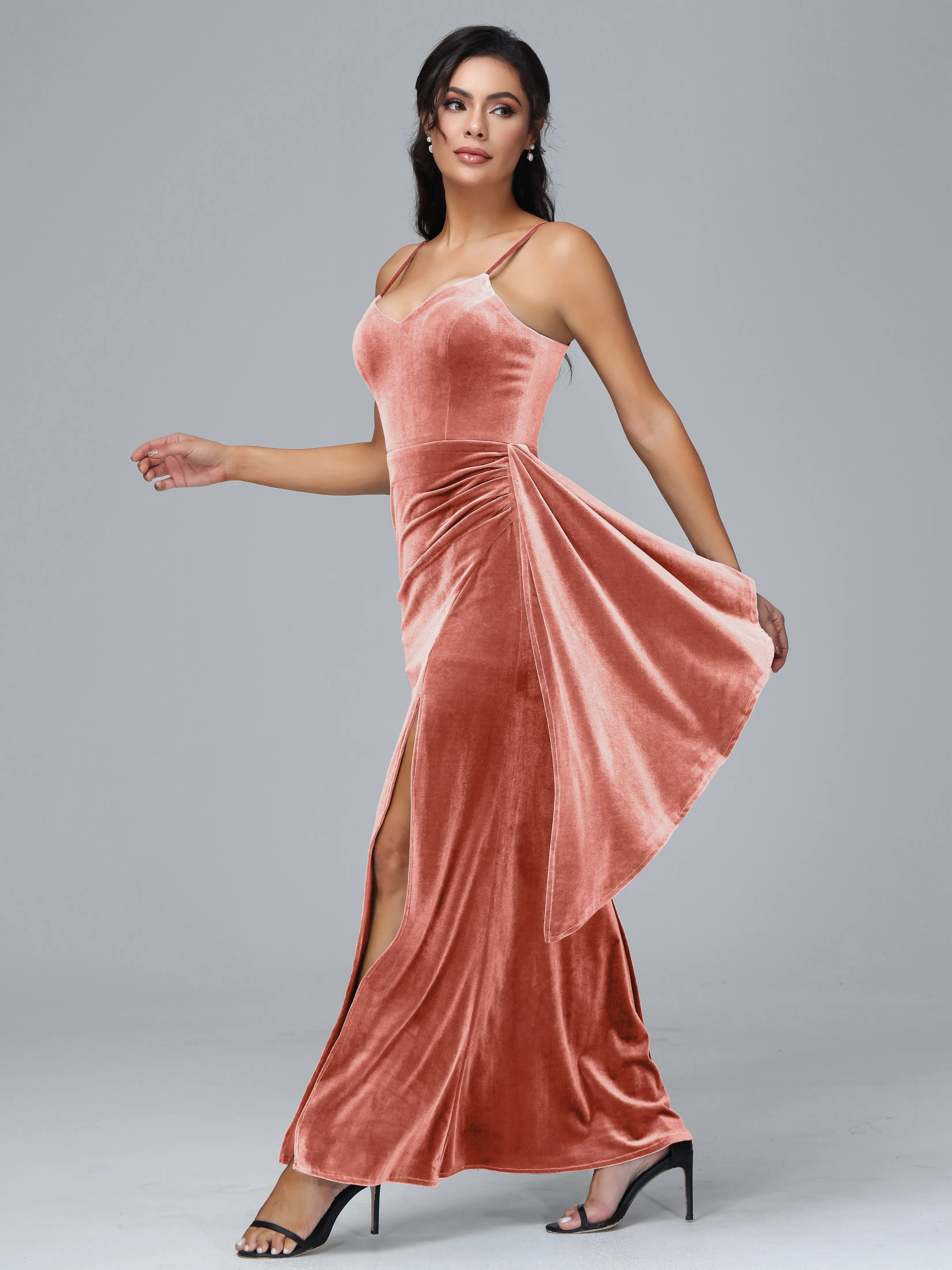 Spaghetti Straps V-Neck Ruched Velvet Bridesmaid Dresses With Split