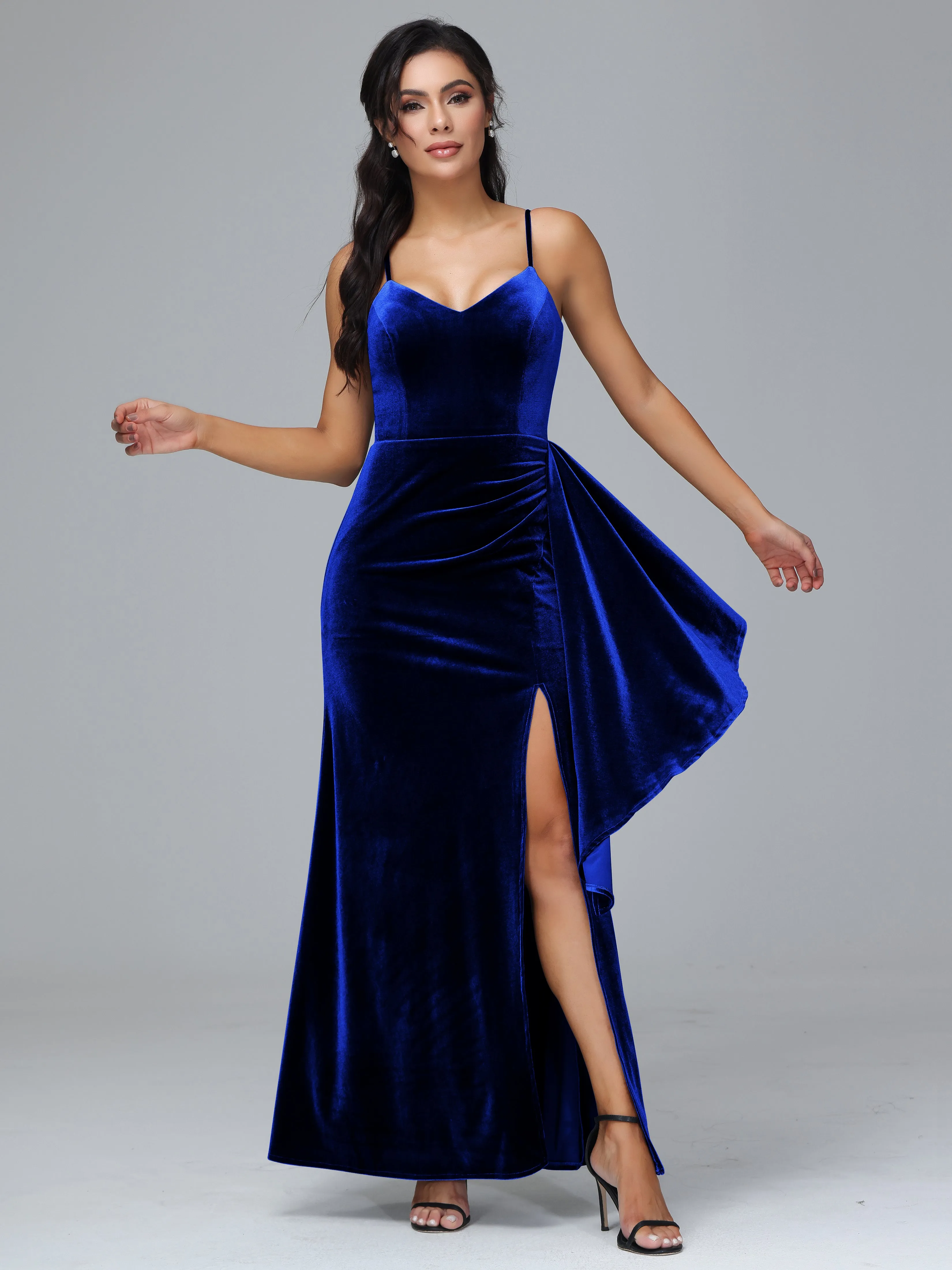 Spaghetti Straps V-Neck Ruched Velvet Bridesmaid Dresses With Split