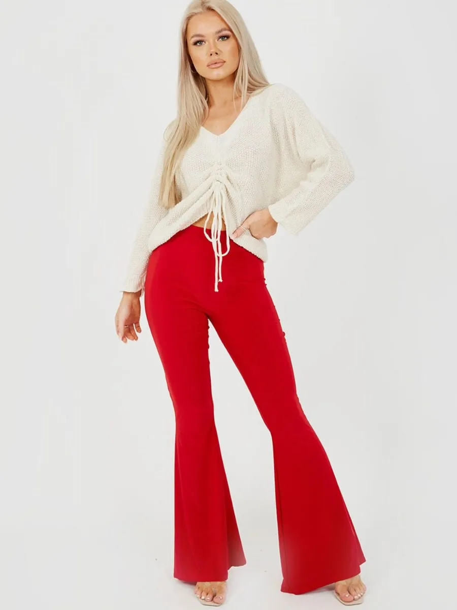 Stevie Scrunch Back Flared Slinky Trousers In Red