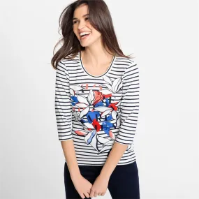 Top With Flower And Navy Stripes In Edda Fit