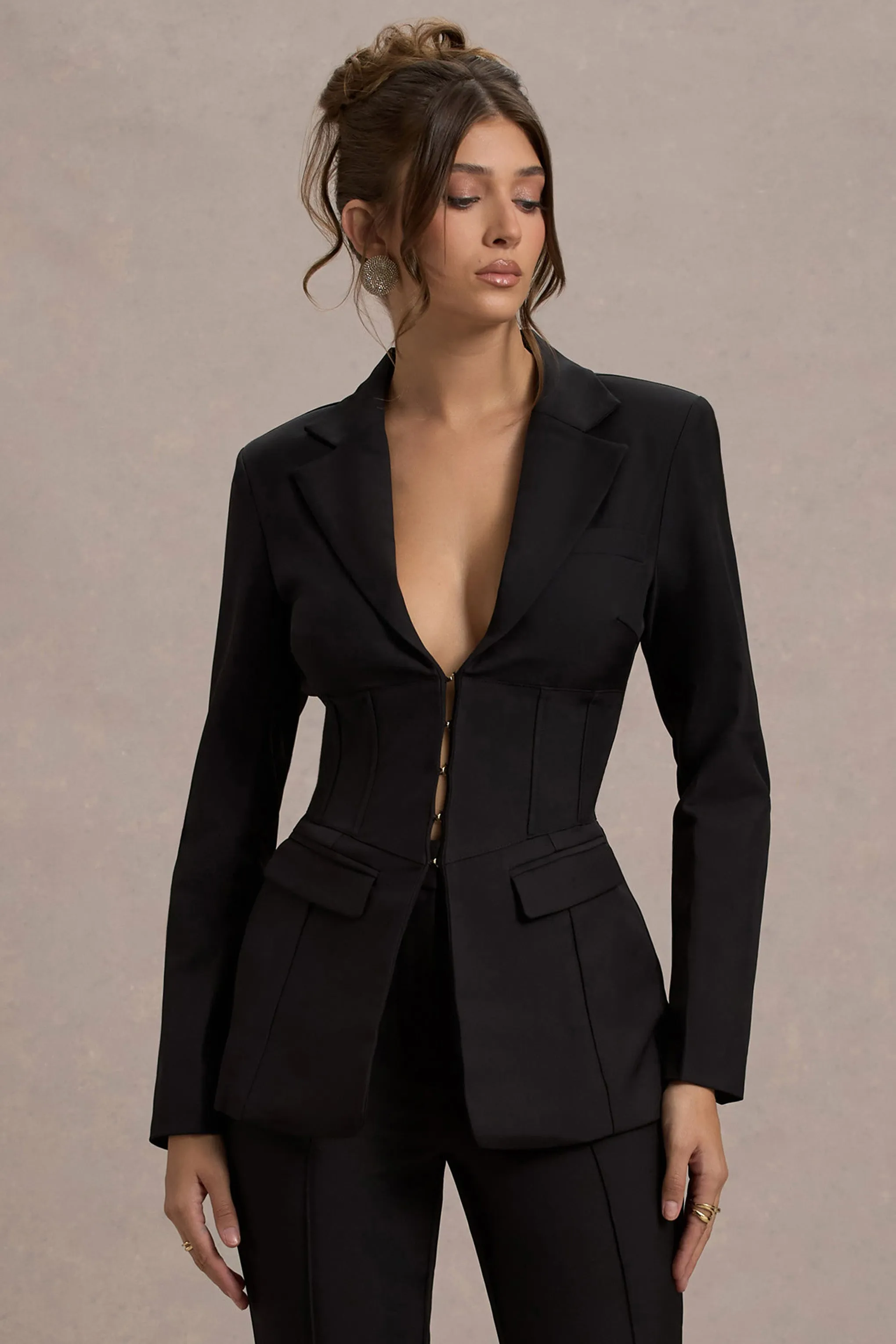 Unbeaten | Black Plunge Corset Waist Blazer