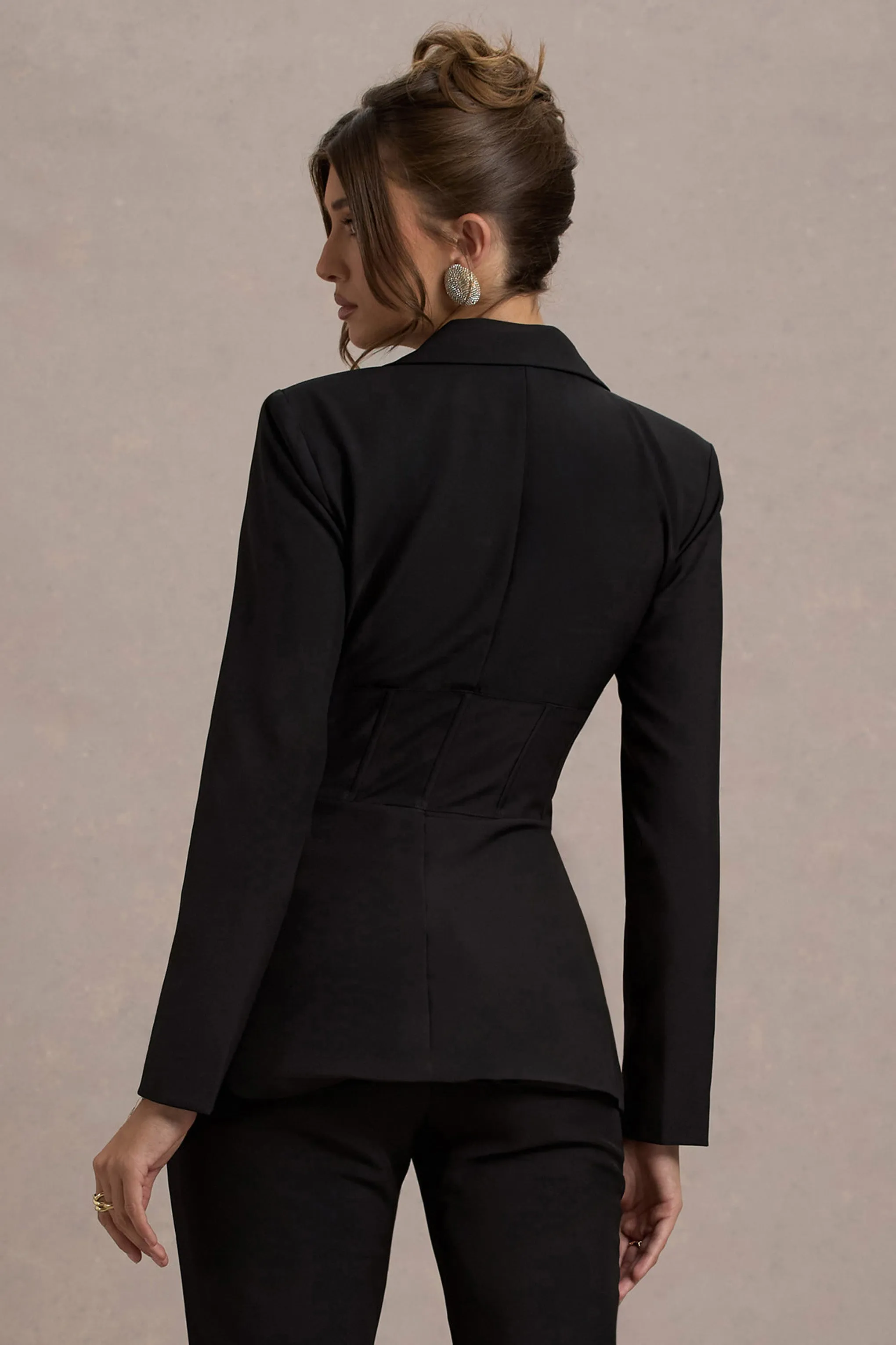 Unbeaten | Black Plunge Corset Waist Blazer