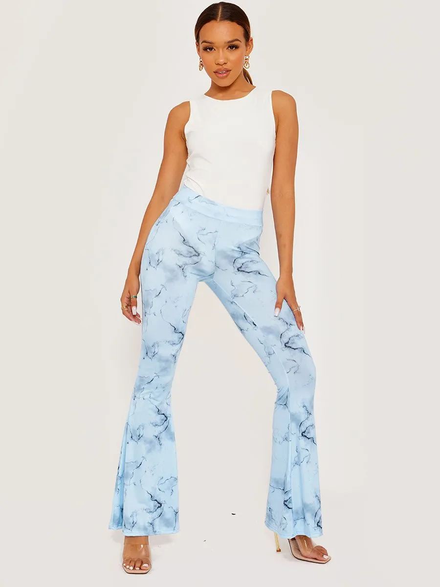 Villy Tie-Dye Scrunch Back Flared Slinky Trousers In Blue